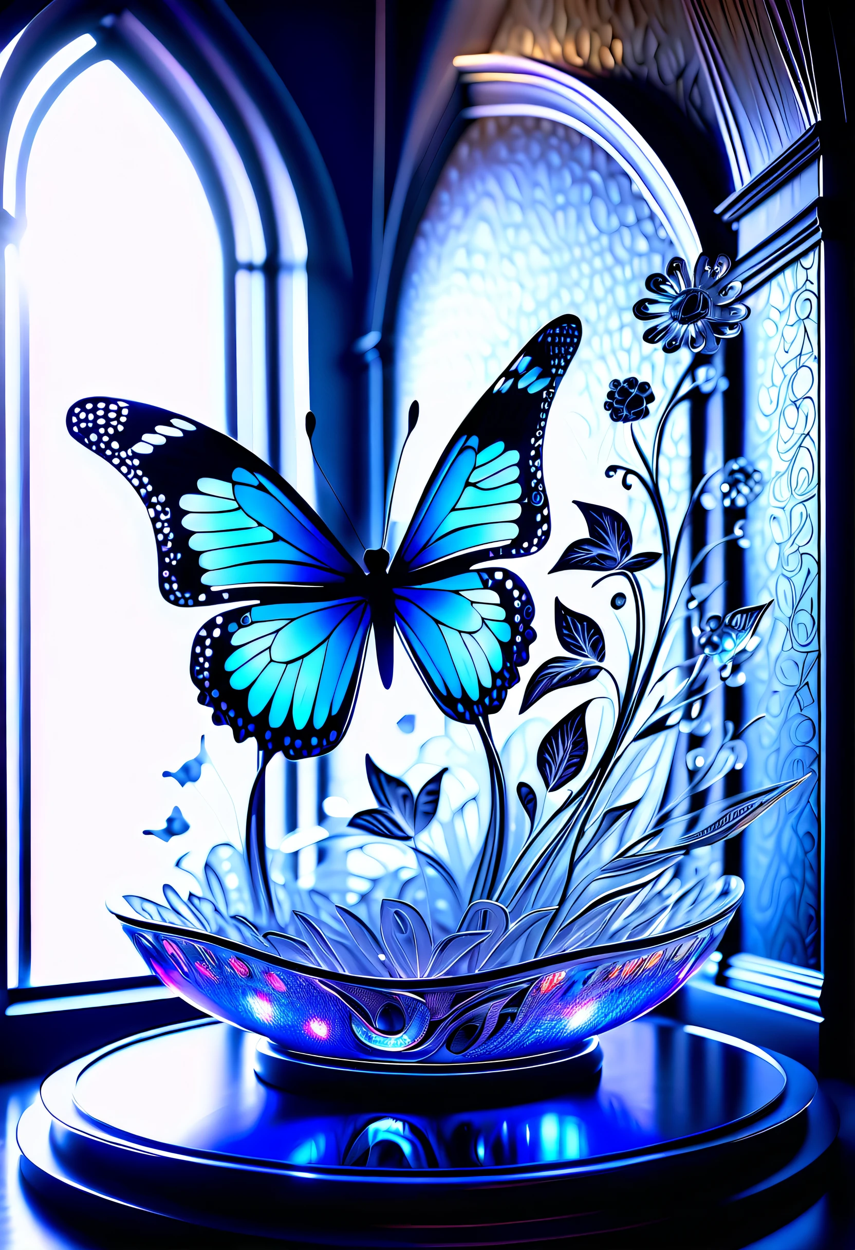 (((masterpiece that captures the essence of butterfly:1.3))), floating of stunning carve glass flower, gothic aquarium, transparent wish. (((intricate insane details and light and shadow atmosphere:1.3))), intricate details rich colors, (((stunning beauty 32k render:1.3))), (((holographic smoke glow:1.4))),