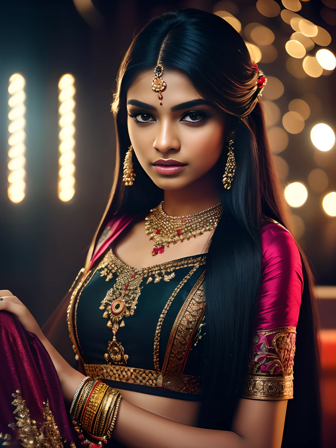 imagine a photoshoot inside studio, (ultra realistic:1.37), (extremely believable:1.6 picture) (intricate beautiful details of faces & eyes & ears & nose & lips & skin & body parts), of two beautiful 18 years old brown Tamil girls with long black hair normal breasts, wearing glamorous outfits, neat makeup, quality clothing brands, stylish footwears, beautiful background, minimal ornaments, vibrant colors hyper maximalized objects, cinematic lighting effects