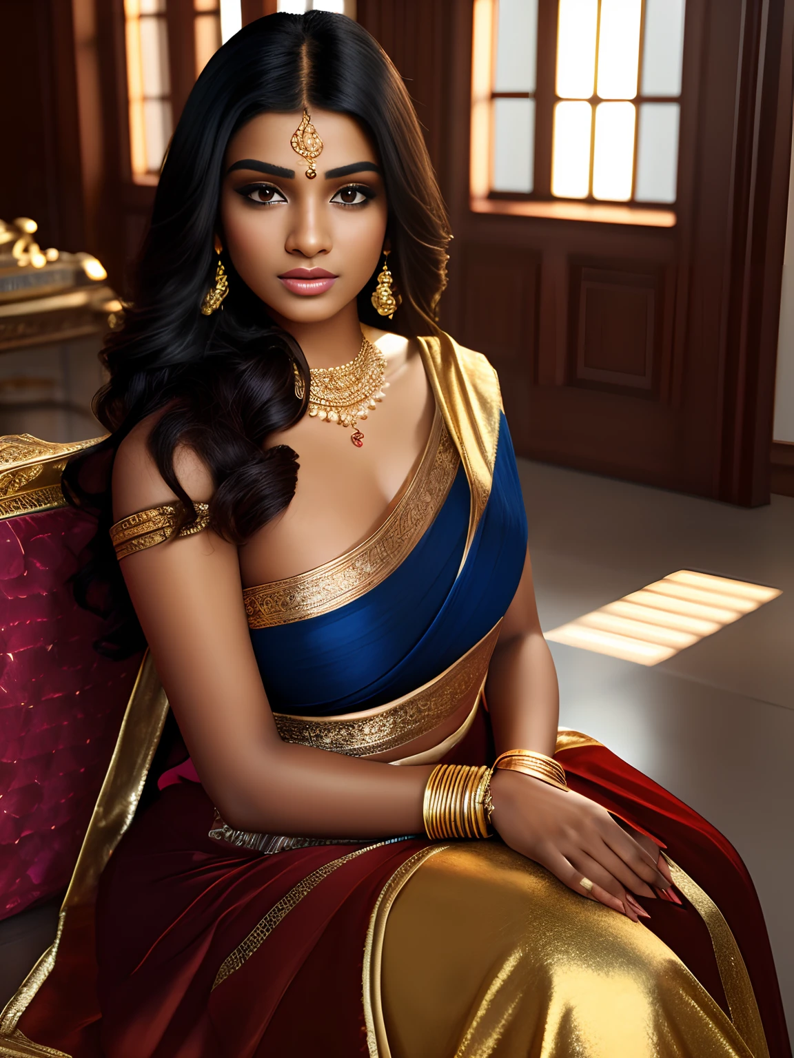 imagine a photoshoot inside studio, (ultra realistic:1.37), (extremely believable:1.6 picture) (intricate beautiful details of faces & eyes & ears & nose & lips & skin & body parts), of two beautiful 18 years old brown Tamil girls with long black hair normal breasts, wearing glamorous outfits, neat makeup, quality clothing brands, stylish footwears, beautiful background, minimal ornaments, vibrant colors hyper maximalized objects, cinematic lighting effects