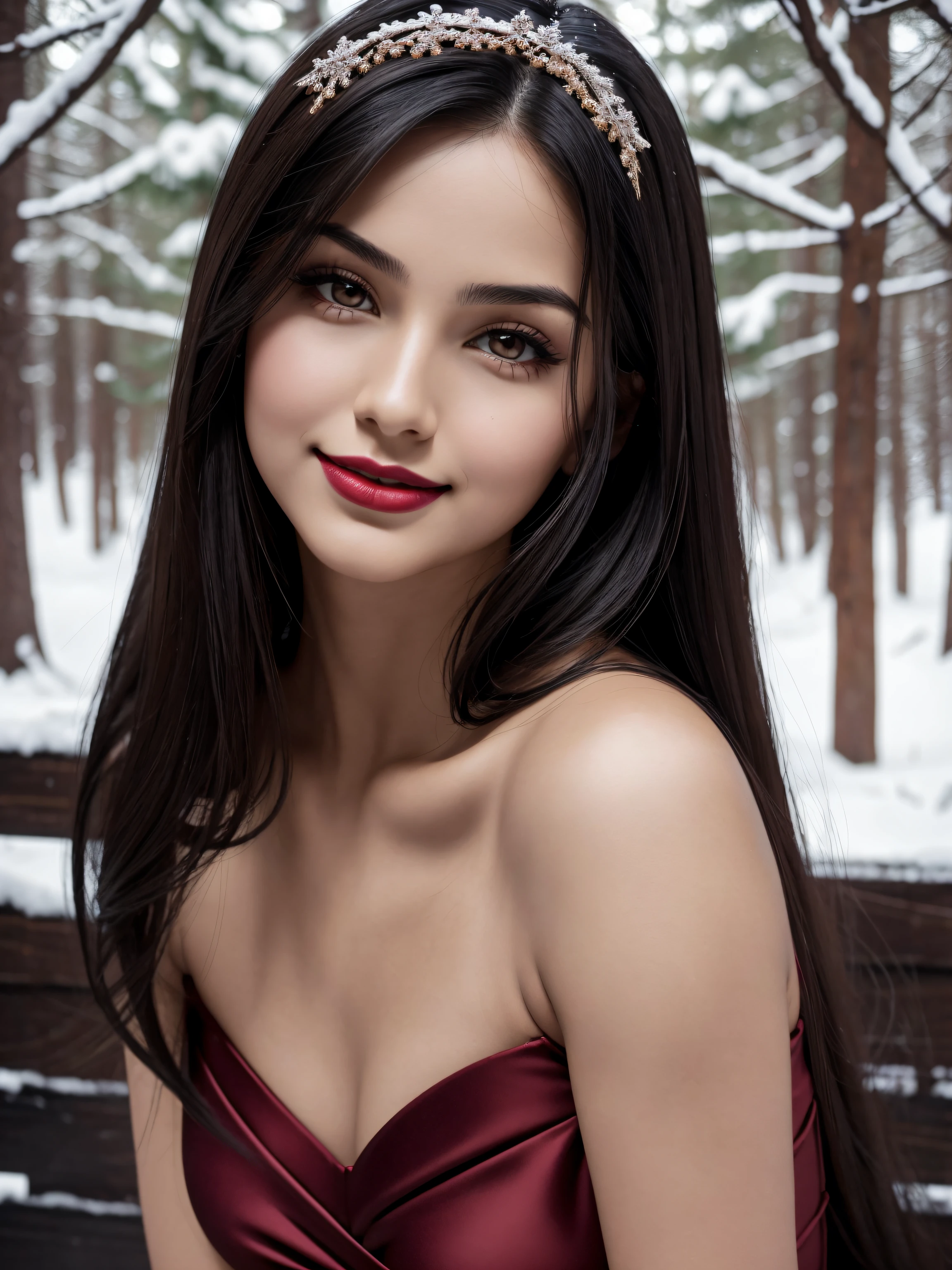 A  celebrating Christmas alone in her backyard. [Her face is combination of (((irene1:1.2))) and (((Excella_er5:1.2)))]. ((She is wearing a (red:1.4) low-neck ultra-short minidress:1.4)). Her (cleavage) was visible from her (large breasts:1.2). She has black hair,tall and slender body,(192cm tall),thin and delicate figure,graceful posture,happy smile,sparkling eyes.
(cinematic-shot), (main subject) lonely teenage girl, (mial) oil painting, (additional details) snow-covered ground, beautifully decorated Christmas tree, flickering candlelight, warm and cozy atmosphere, (image quality) best quality, 4k resolution, high-resolution masterpiece:1.2, ultra-detailed, (art style), (color palette) soft and warm tones, (lighting) soft warm lighting.