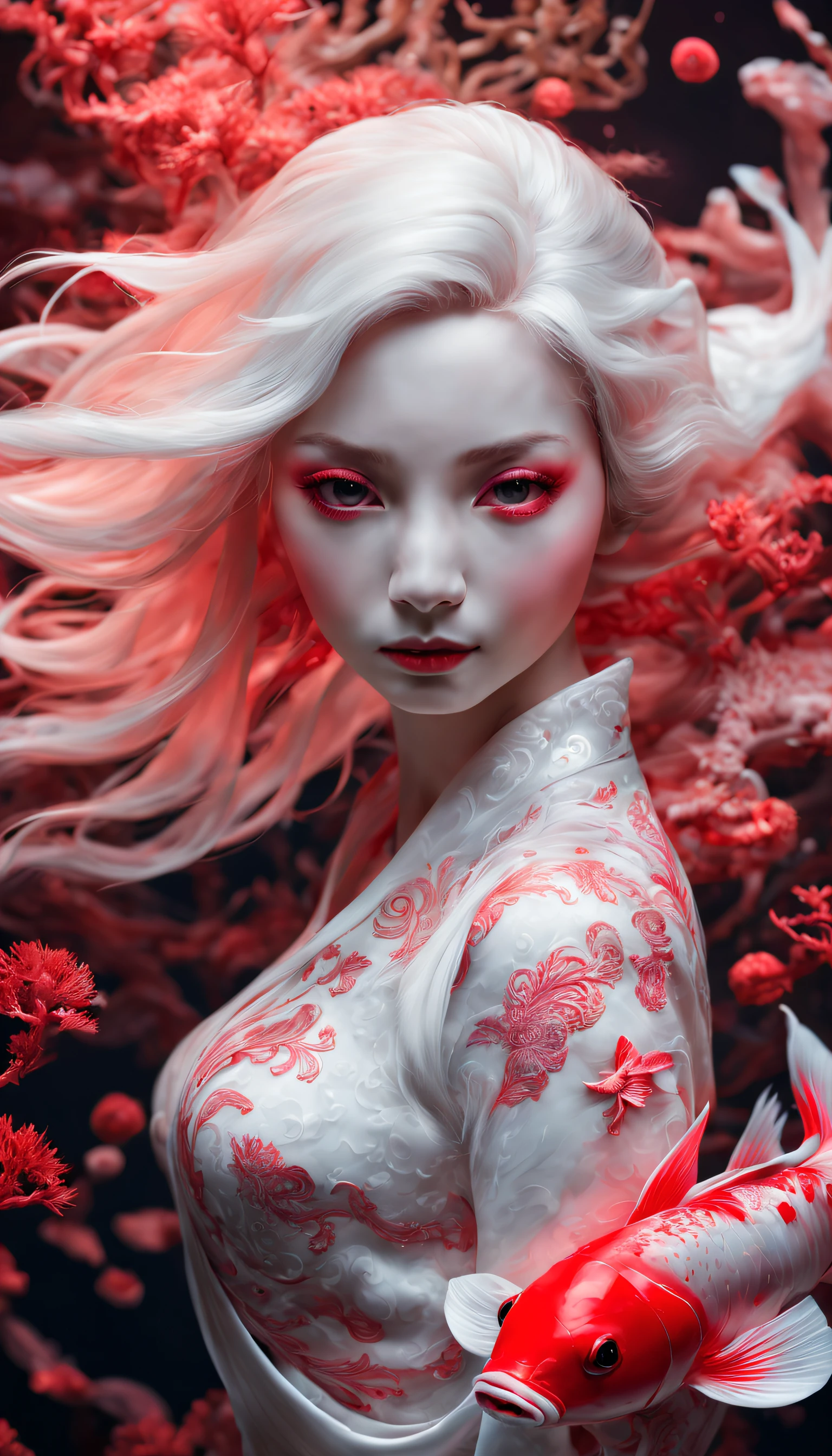 photo RAW, (Black, dark red and neon pink : Portrait of 2 ghostly long tailed white koi, woman, shiny aura, highly detailed, red filigree, intricate motifs, organic tracery, glowing stardust , perfect composition, smooth, sharp focus, sparkling particles, lively coral reef background Realistic, realism, hd, 35mm photograph, 8k), masterpiece, award winning photography, natural light, perfect composition, high detail, hyper realistic