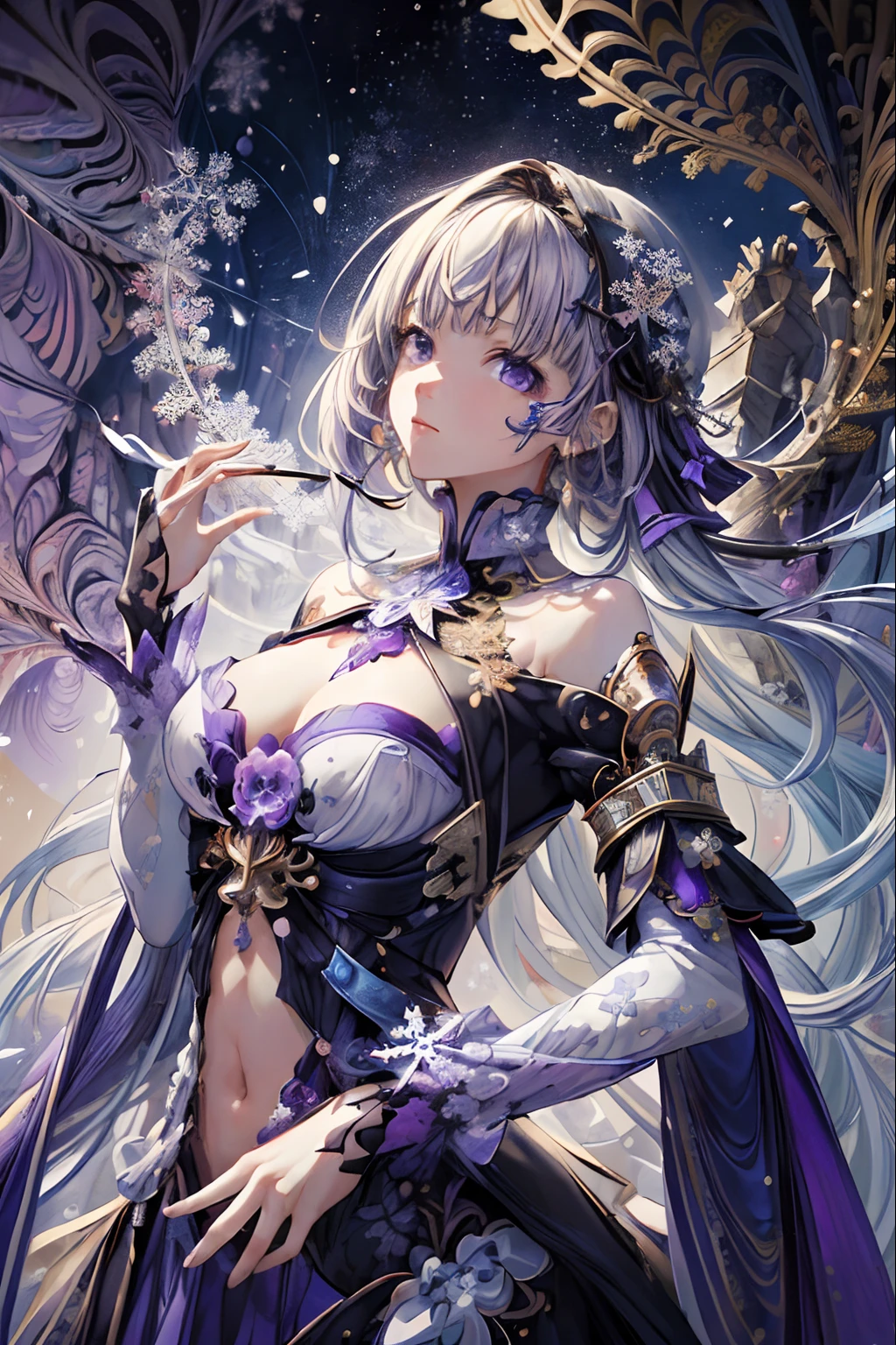 (masutepiece, of the highest quality, Best Quality, Official art, Beautiful and aesthetic:1.2),(1girl in),ighly detailed,(Fractal Art:1.3),Colorful,highest details..,Purple,white,Blue,Chest,lower abdom,snowflakes falling,(Whole body:1.5),faces,(Only one face.:1.1),.