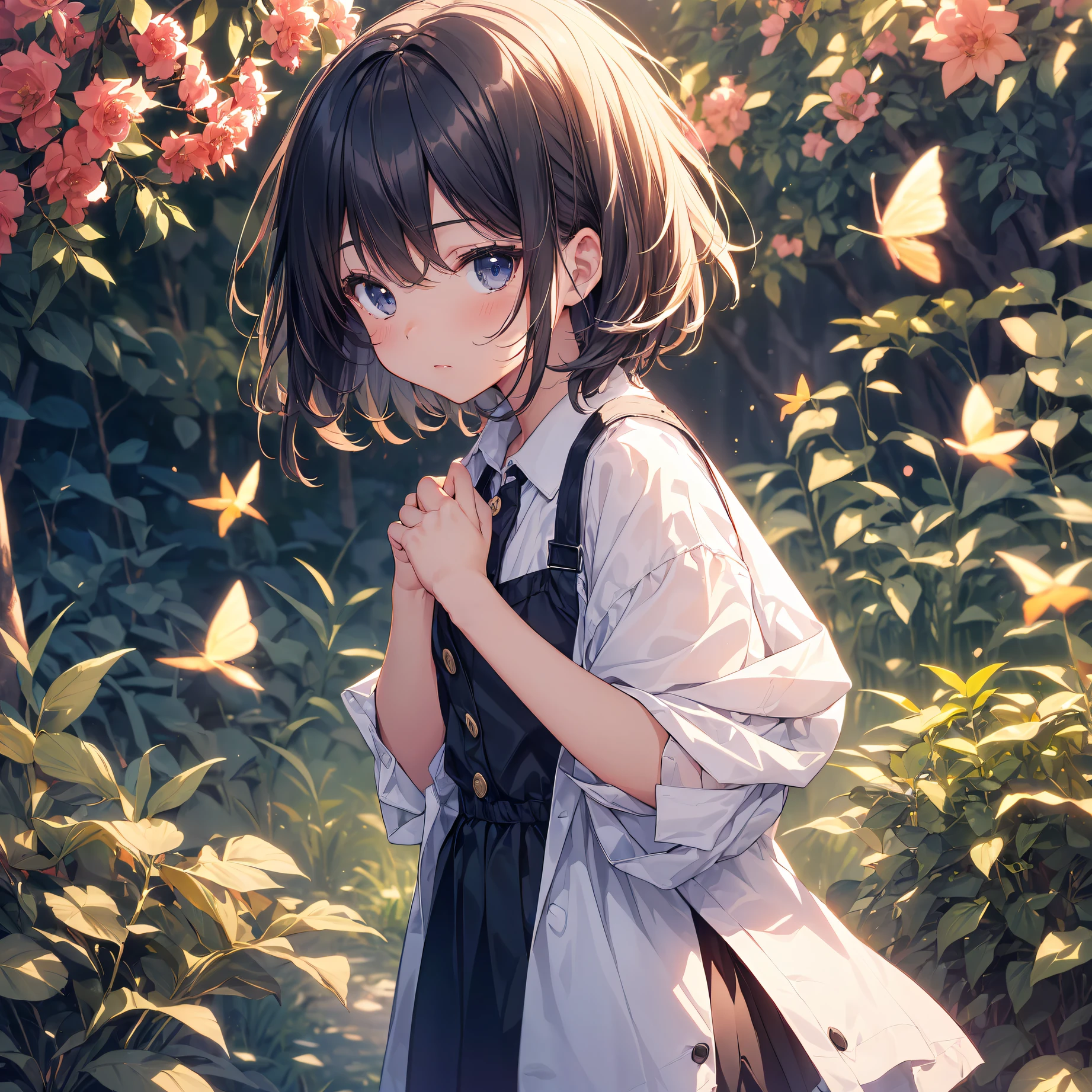portrait, photo, a 12-year-old girl wearing a white sundress and short shorts chasing butterflies in a flower field, high quality, Rule of Thirds, centered on the subject, eye level shot, medium shot, side view, natural lighting, chasing butterflies, innocence, nature.break,1girl, kawaii,(Solo,Loli face,12-year-old:1.5), androgynous charm,(Very Short hair),flat chest, Beautiful detailed black eyes, (wearing short shorts under sundress:1.2), colorful butterflies, break,((top quality,shinkai makoto style,ultra-detailed,high resolution,extremely detailed CG,unity 8k wallpaper,by famous artist,perfect anatomy,super detailed skin,cinematic lighting)),