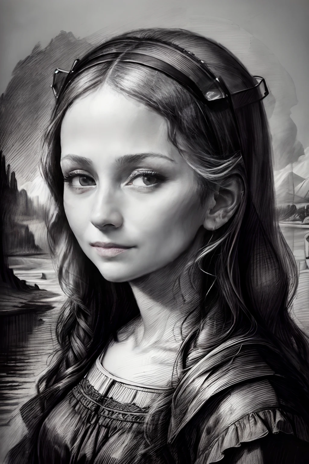 (highres,realistic,pencil sketch,detailed),(portrait,classic art),Mona Lisa's smile,delicate shading,subtle expressions,fine lines,authentic texture,impeccable technique,expertly captured emotions,simple monochrome,subdued tones,dramatic lighting