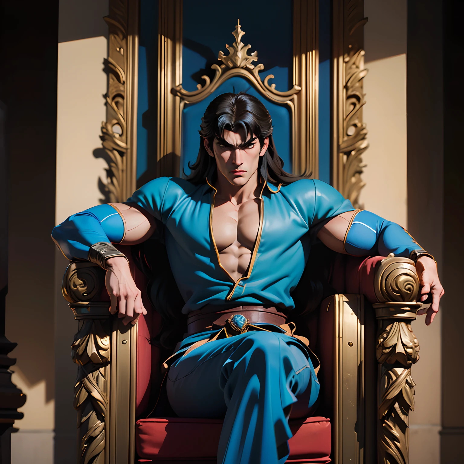 Hokuto no ken kenshiro muscular handsome style Castlevania Shadow Lord hyper realistic super detailed Dynamic shot masterpiece cinematic scene sitting in his great legendary throne with his men surrounding him hyper realistic super detailed cutscenes movie Epic Legendary different angle of view