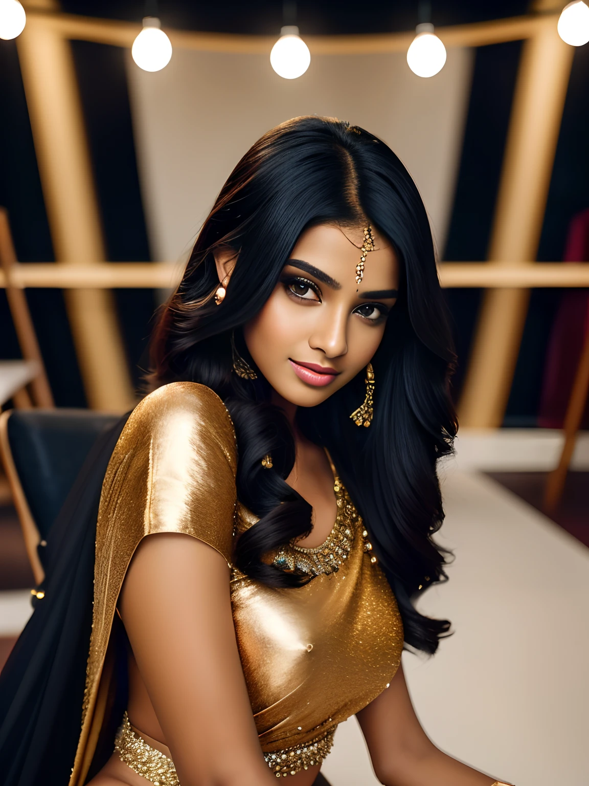 imagine a photoshoot inside studio, (ultra realistic:1.37), (extremely believable:1.6 picture) (intricate beautiful details of faces & eyes & ears & nose & lips & skin & body parts), of two beautiful 18 years old brown Tamil girls with long black hair normal breasts, (happy faces) ( cute expressions), wearing elegant glamorous outfits, neat makeup, quality clothing brands with fabulous designs, stylish footwears, beautiful background, minimal ornaments, vibrant colors, hyper maximalized objects, excellent quality lighting, brilliant cinematic effects