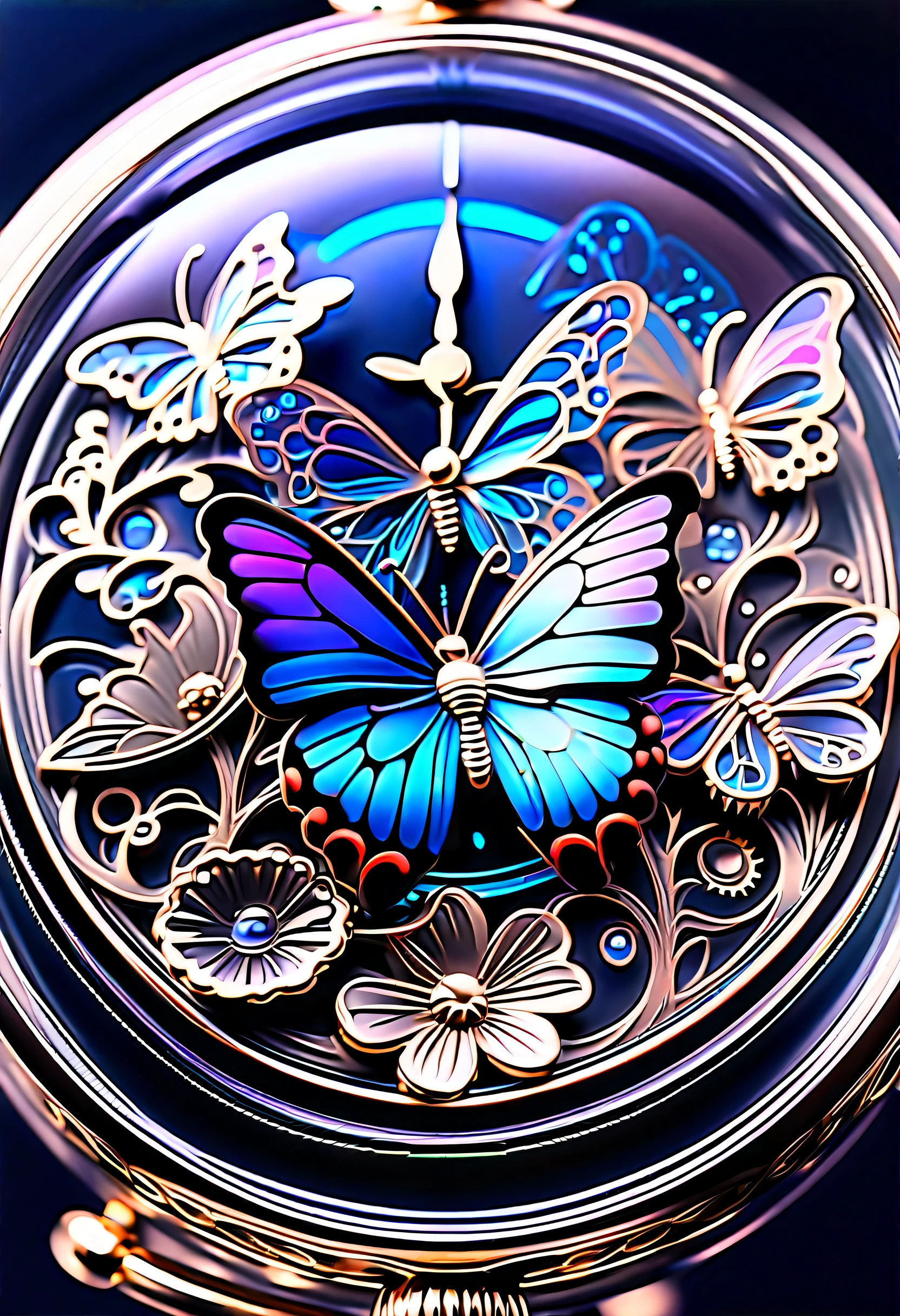 (((masterpiece that captures the essence of butterfly:1.3))), intricate insane surreal, stunning carve glass flower, gothic glass water, in the transparent pocket watch. (((intricate insane details and a dark clockpunk with eternal fantasy atmosphere:1.3))), intricate details rich colors, black light paint coating, (((stunning beauty 32k render:1.3))), (((holographic smoke glow:1.4))),