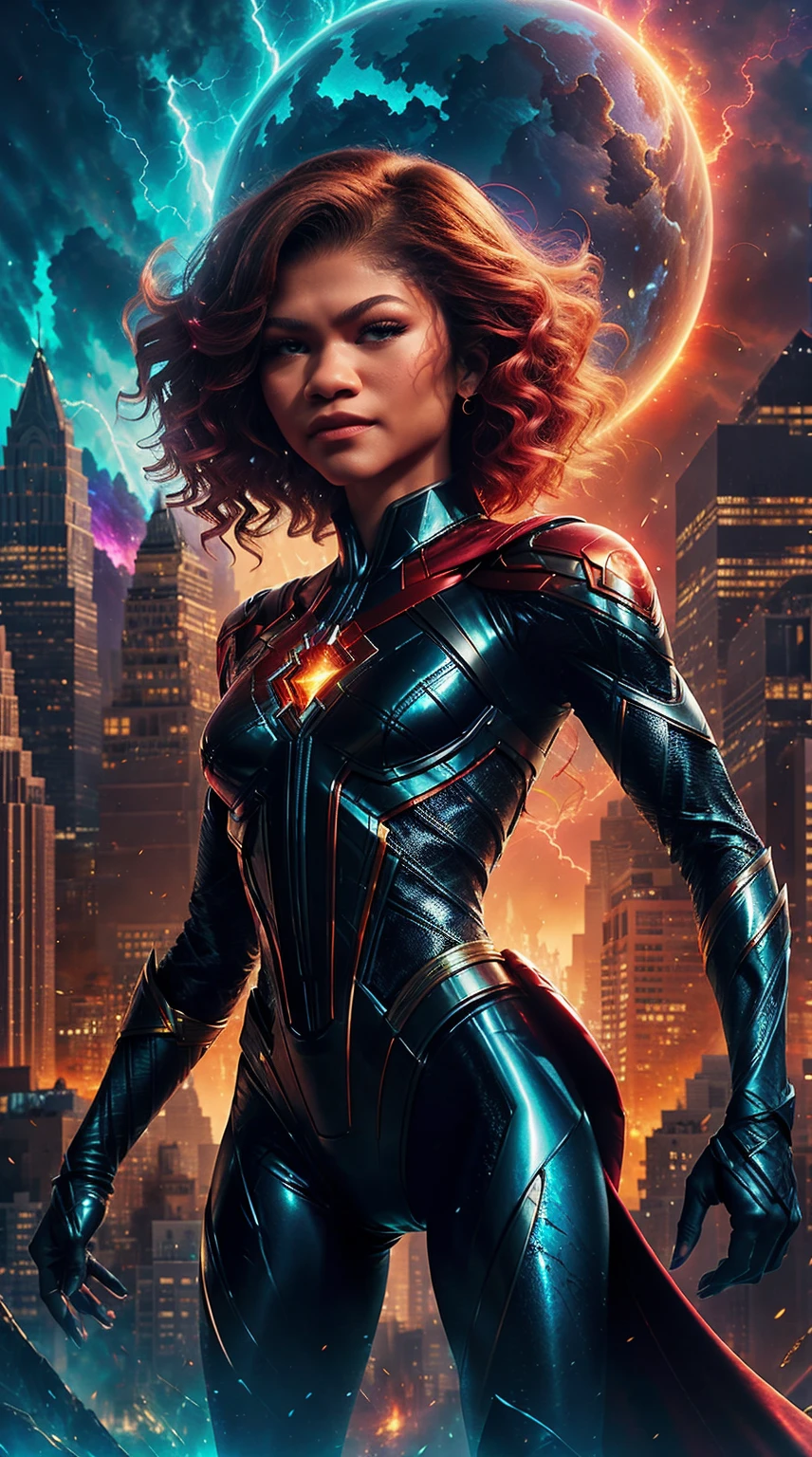 Generate an extraordinary image featuring Zendaya in a captivating Incredibles cosplay set against a fantastical backdrop of a city in magical disarray. Clothe her in a sleek superhero suit with vibrant red and black hues, seamlessly blending The Incredibles' iconic style with a touch of fantasy. Accentuate Zendaya's exquisite features, such as her small nose and perfect cheekbones, radiating a potent blend of strength and confidence.

Transport her to a cityscape transformed by enchantment, where crumbling buildings are suspended in mid-air, surrounded by swirling magical energies. Zendaya's superhero pose should exude both power and grace, as if she's harnessing mystical forces to restore order. Illuminate the scene with otherworldly lights and ethereal effects, creating a sense of wonder and magic. The background should convey both the chaos and beauty of a city caught in a spellbinding transformation.