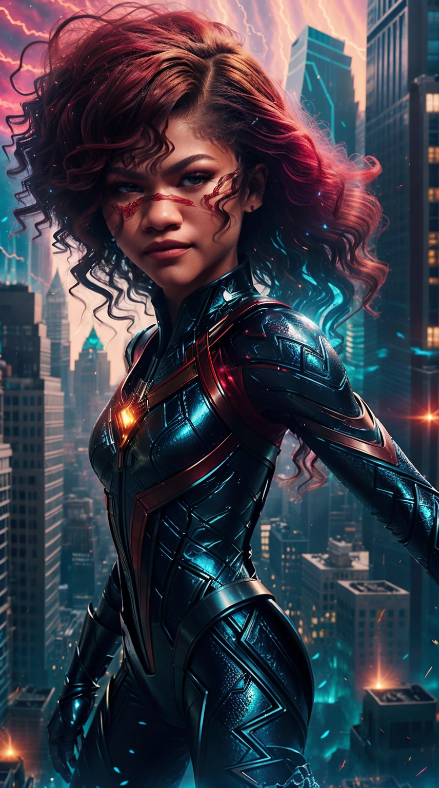 Generate an extraordinary image featuring Zendaya in a captivating Incredibles cosplay set against a fantastical backdrop of a city in magical disarray. Clothe her in a sleek superhero suit with vibrant red and black hues, seamlessly blending The Incredibles' iconic style with a touch of fantasy. Accentuate Zendaya's exquisite features, such as her small nose and perfect cheekbones, radiating a potent blend of strength and confidence.

Transport her to a cityscape transformed by enchantment, where crumbling buildings are suspended in mid-air, surrounded by swirling magical energies. Zendaya's superhero pose should exude both power and grace, as if she's harnessing mystical forces to restore order. Illuminate the scene with otherworldly lights and ethereal effects, creating a sense of wonder and magic. The background should convey both the chaos and beauty of a city caught in a spellbinding transformation.