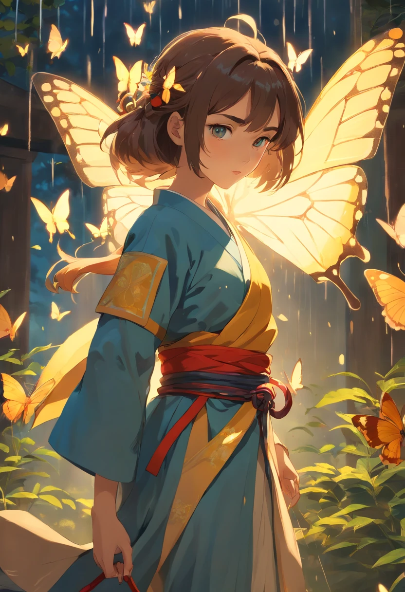 Rain of (butterflie), ((32k UHD high detail, 16k Cinematic Art)) Studio photo, 1.15, "Create a dreamy and surreal photograph with a female samurai, Set in a quiet courtyard. The composition should be a medium long shot, capturing the essence of the scene. Infuse soft, Pastel colors that evoke a sense of otherworldly beauty. Lighting should be diffuse, creating an ethereal environment that transports the viewer to a realm where reality merges with the surreal. Emulate the style of the talented artist Marta Bevacqua, known for her ability to create charming and emotionally charged visual narratives. This photograph shouldn't just be an image, but a gateway to a captivating dreamscape, where a female samurai becomes the embodiment of grace and strength in a world that defies conventional reality, fujifilm XT3 grain style film, perfect_Hands, perfect_body,