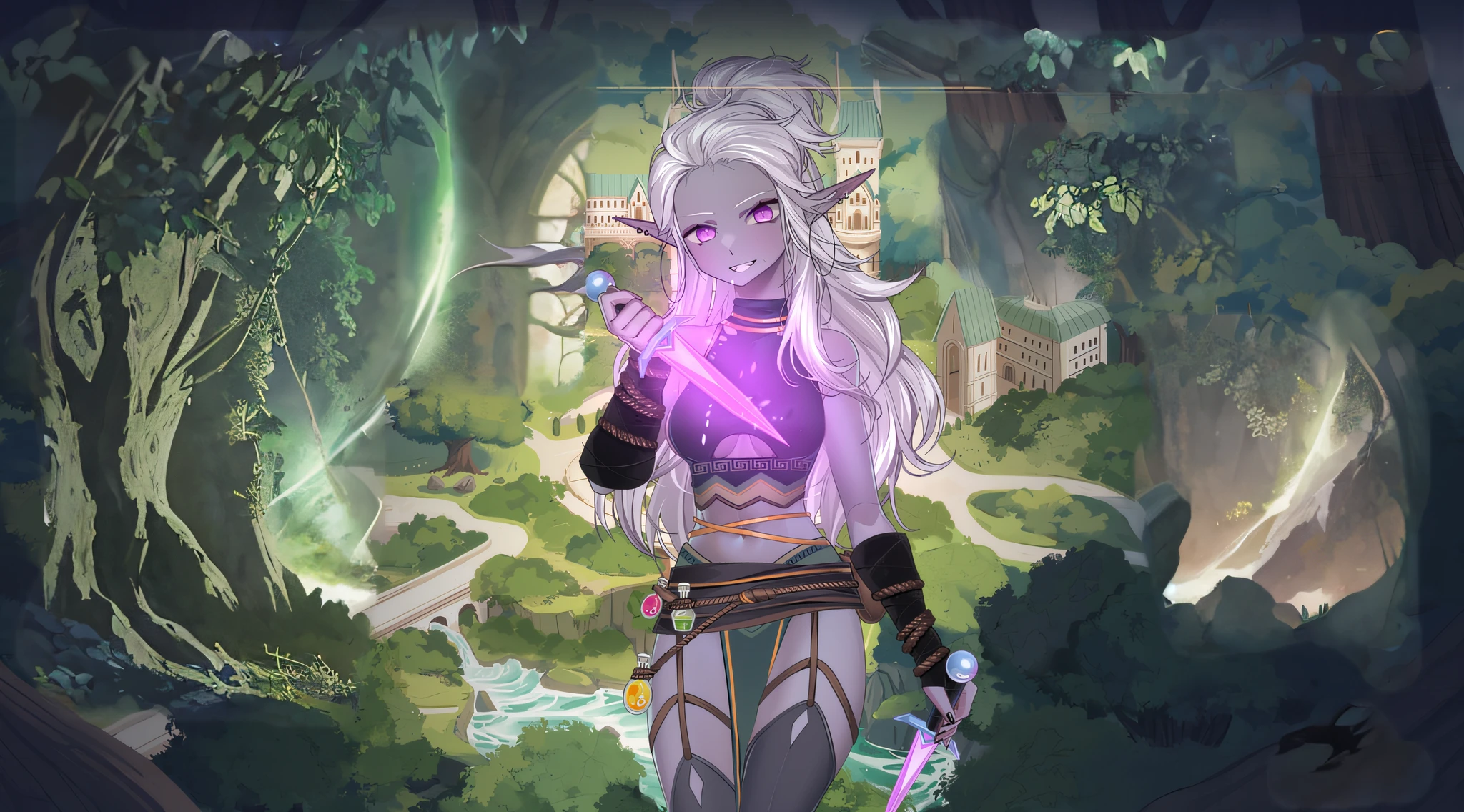Anime art, elf woman, make background for this character