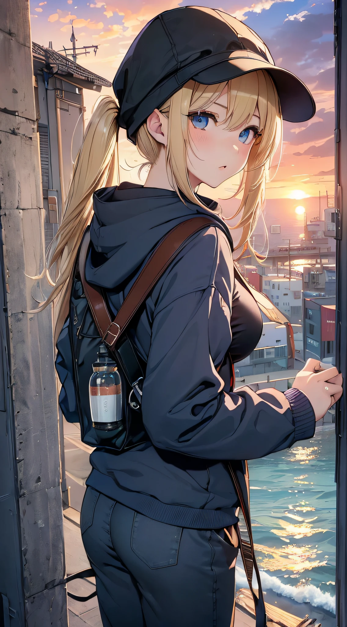 top-quality、Top image quality、​masterpiece、girl with((18year old、Best Bust、big bast,Beautiful blue eyes、Breasts wide open, Blonde twintails、A slender,Large valleys、Black hoodie、Purple pants、Blue Rucksack、Walking motion、Point Back、White breath from the mouth)）hiquality、Beautiful Art、Background with((Wide Ports、sunrises,strong breeze、das boot、mare)))、,masutepiece、visualart、depth of fields、