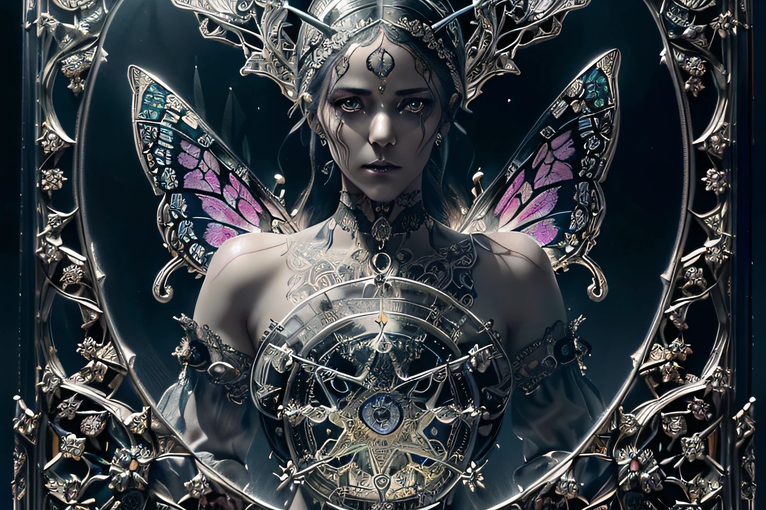 stunning watercolor painting of butterfly tarot art, stamp, rococo tarot card, stunning carve silver coin, banknotes, glass flower, gothic glass, transparent, glass pocket watch. (((intricate insane details and a dark with eternal fantasy atmosphere:1.3))), intricate details rich colors, black light paint coating, (((stunning beauty 32k render:1.3))),