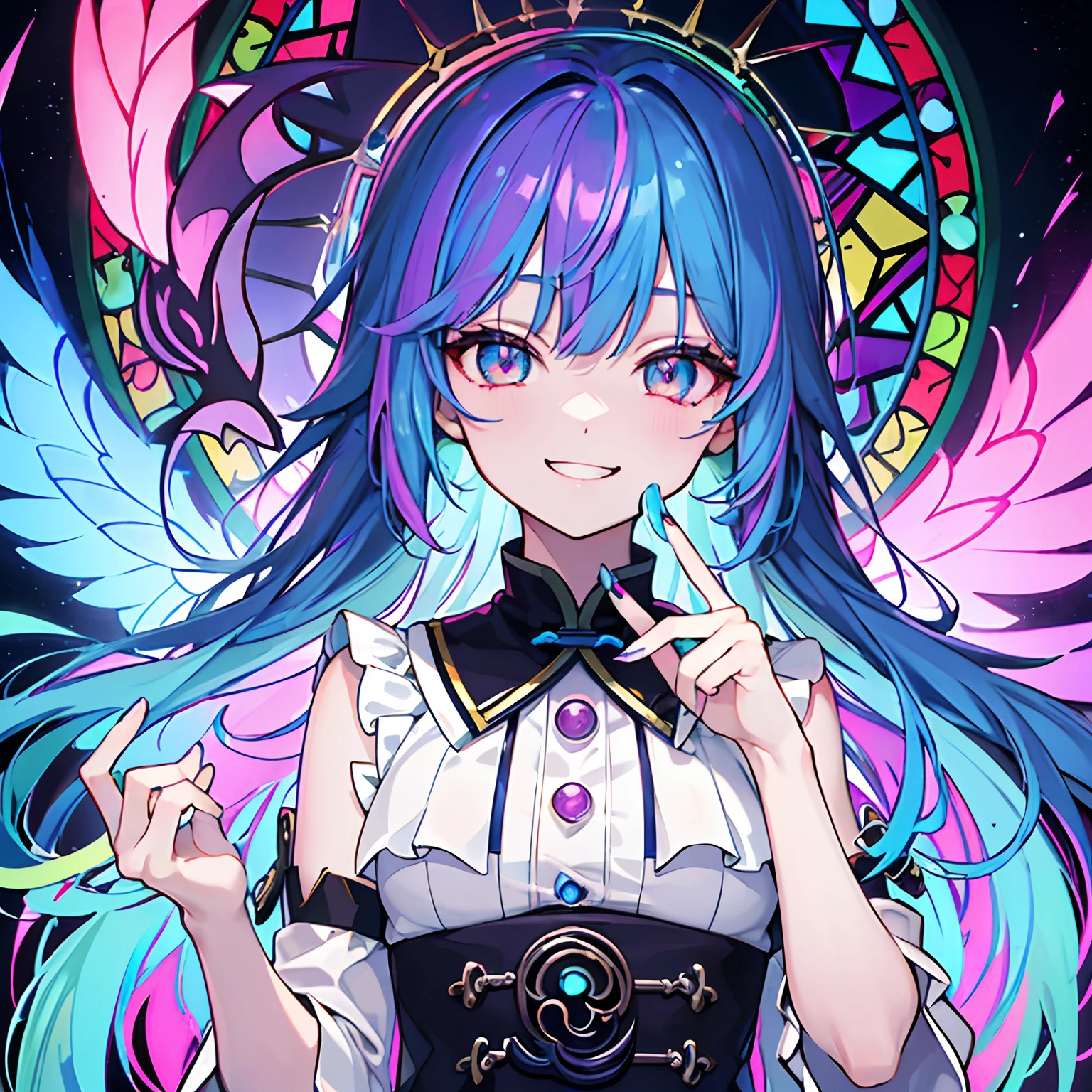 ((top-quality)), ((ultra-detailliert)), girl with, 独奏,(((Delicat eyes))),((Upper body only))、rainbow-colored hair,evil smile,Iridescent stained glass
