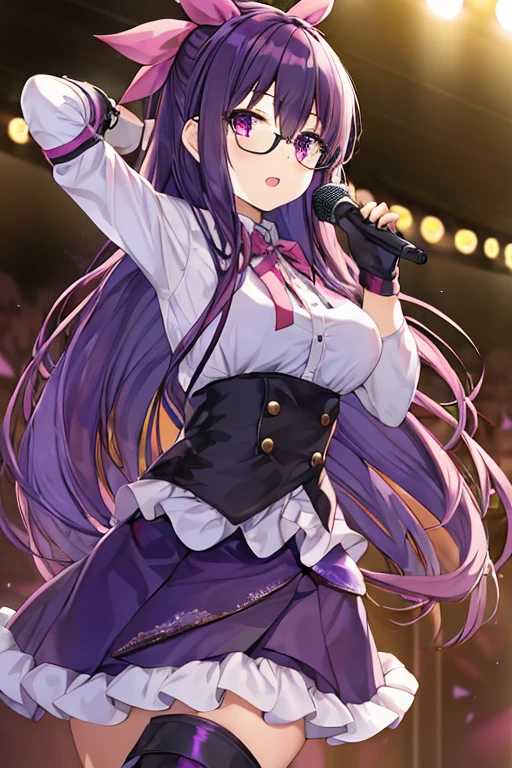 Full body young girl with dark purple colored hair, straight long hair, pink eyes, wearing idol clothes, skirt, gloves, boots, a hair ribbon and glasses, on stage singing with a microphone on hand