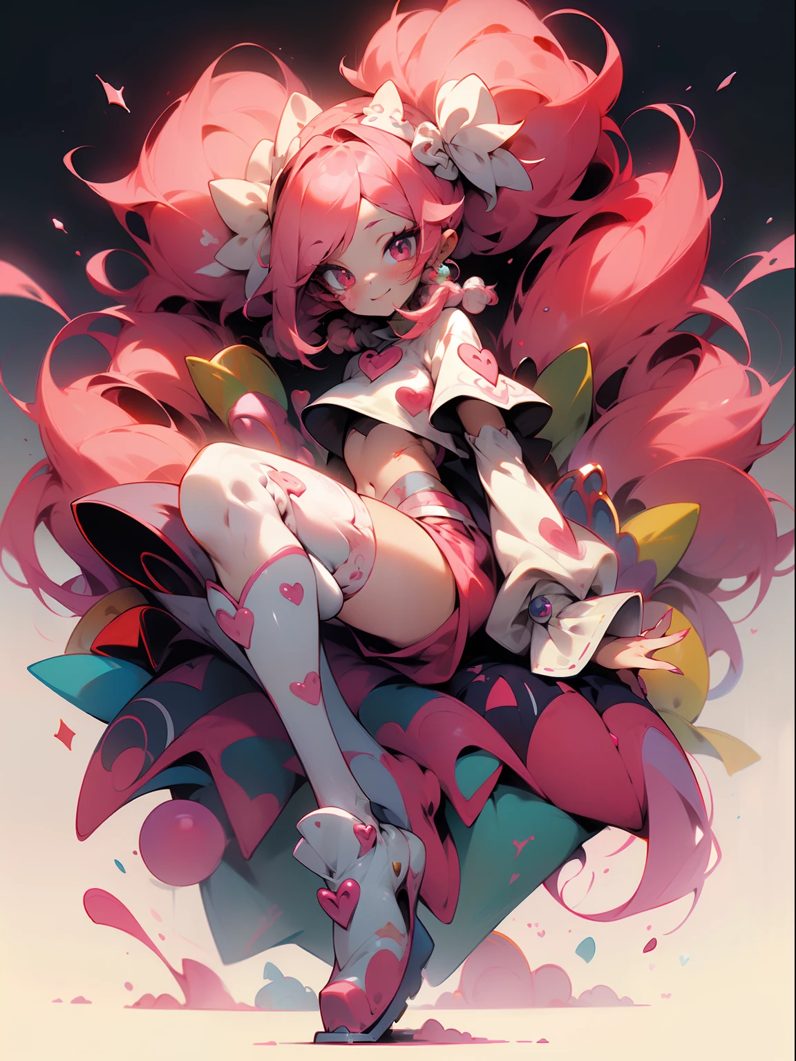 crazy cloud haired girl, pink hair, full body picture, pink eyes, heart shaped pupils, insane smile, blood splatter, 1GIRL, insane girl in long pink hair, crown, princess bubblegum style, finely detailed, (best quality), (intricate details), cute style, li, jester style, multicolored, ((long pink messiest hair in pigtails)), best quality, ((long sleeve shirt and shorts)), ((red and white clothes)), ((jester style clothes)), ((thigh high socks)), ((round eyes)), ((has jester makeup)), beautiful face, happy, cute face, pinup, perfect face, simple background portrait, clowh hear cards, bubble gums