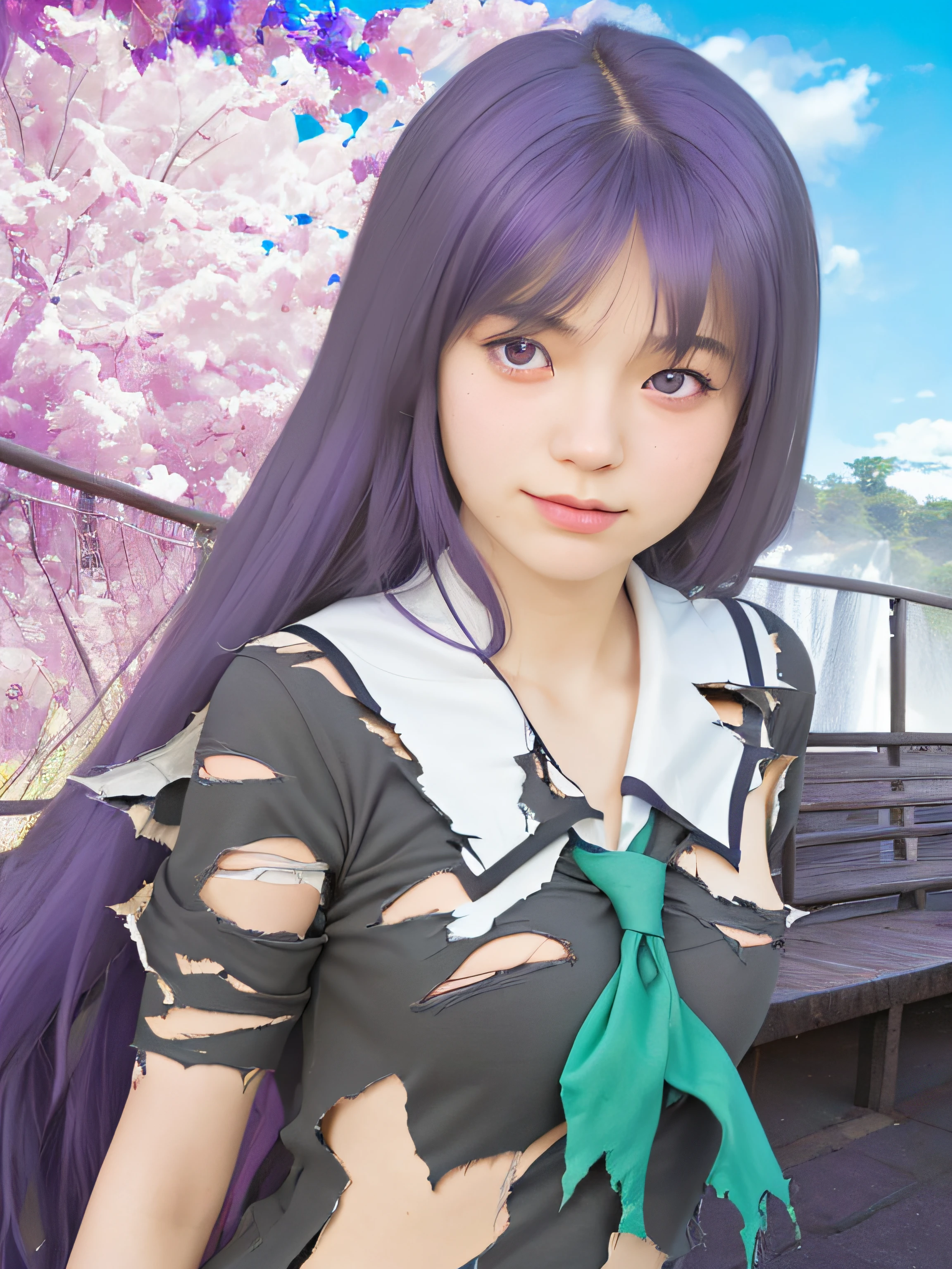 masterpiece, best quality, (realistic, photo-realistic:1.4), (RAW photo:1.2), extremely detailed CG unity 8k wallpaper, delicate and beautiful, amazing, finely detail, official art, absurdres, incredibly absurdres, huge filesize, ultra-detailed, extremely detailed, extremely detailed girl, extremely detailed eyes and face, light on face,(:1.7),little smile,sumire kakei,(long hair:1.25),(purple hair:1.3),(school uniform:1.4),waterfall,potrait,(small breast:1.1),(torn clothes:1.6)