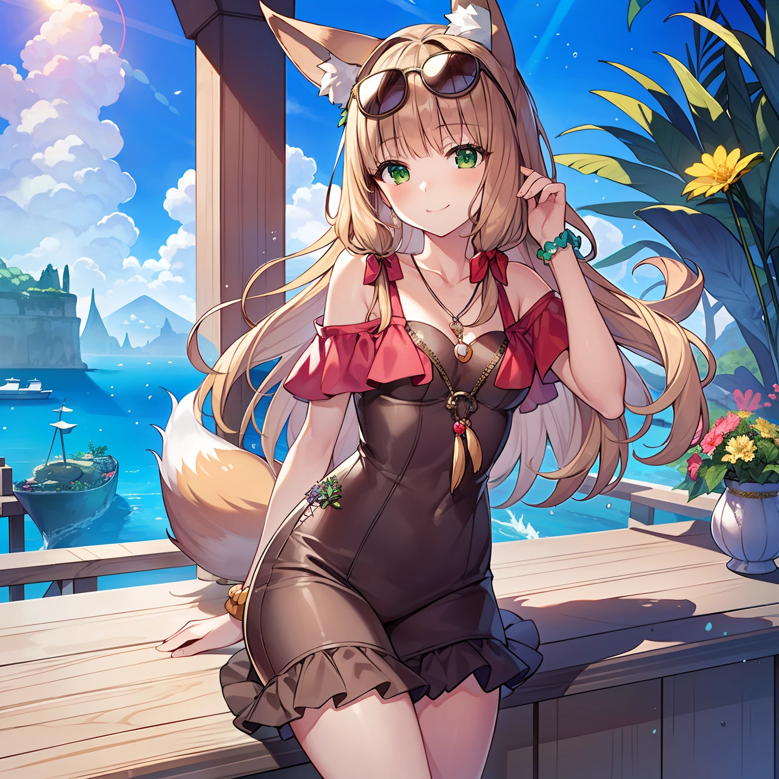 Masterpiece, Best quality, high resolution), 1girll, Solo, Oversized fox tail,Long brown hair,Green eyes,Small flower headdress, (-yeld jurn architecture,A MILF, Medium distance,attractive smile,Casual summer clothing_Sunglasses on the head,See the marine life inside the aquarium,