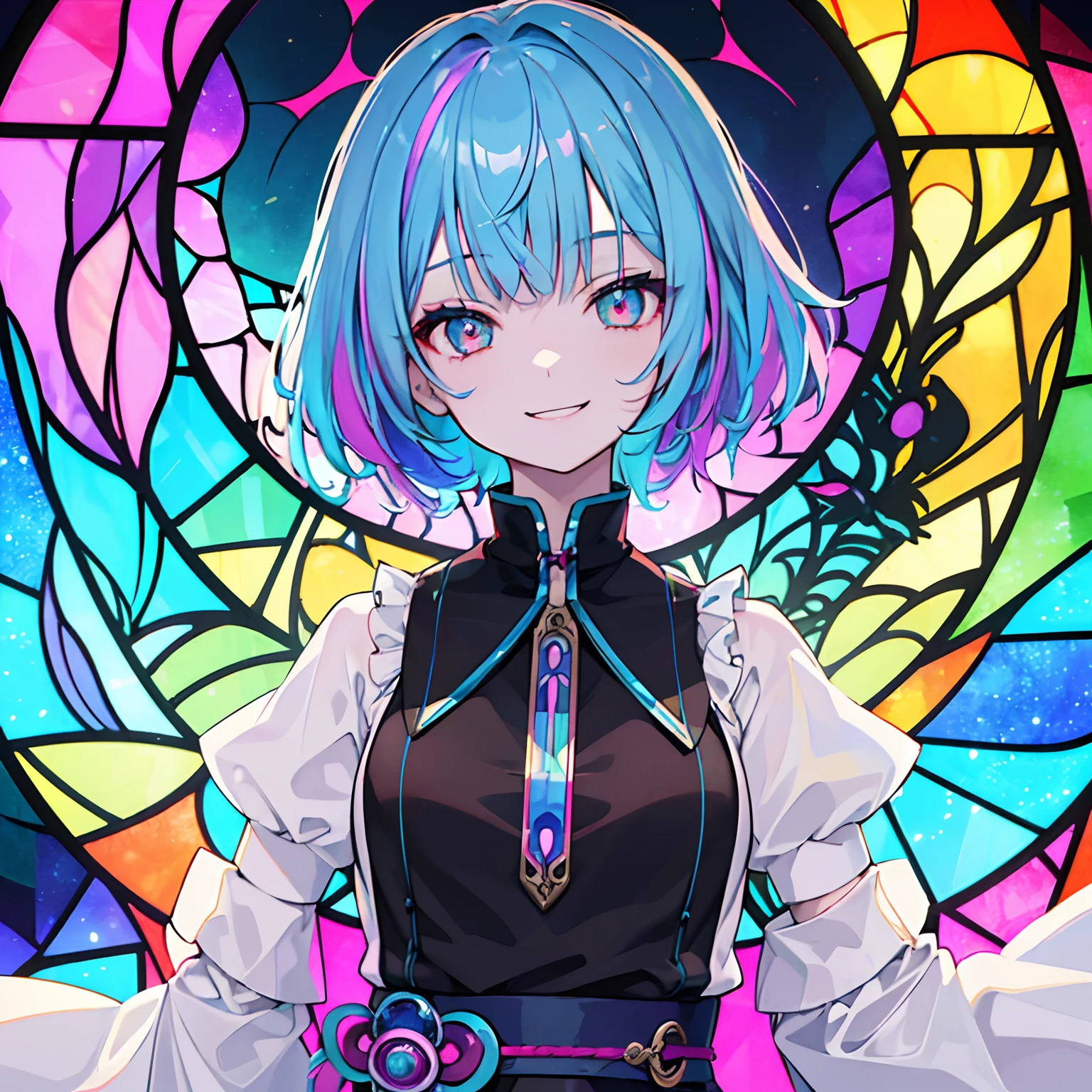 ((top-quality)), ((ultra-detailliert)), girl with, 独奏,(((Delicat eyes))),((Upper body only))、rainbow-colored hair,evil smile,Iridescent stained glass