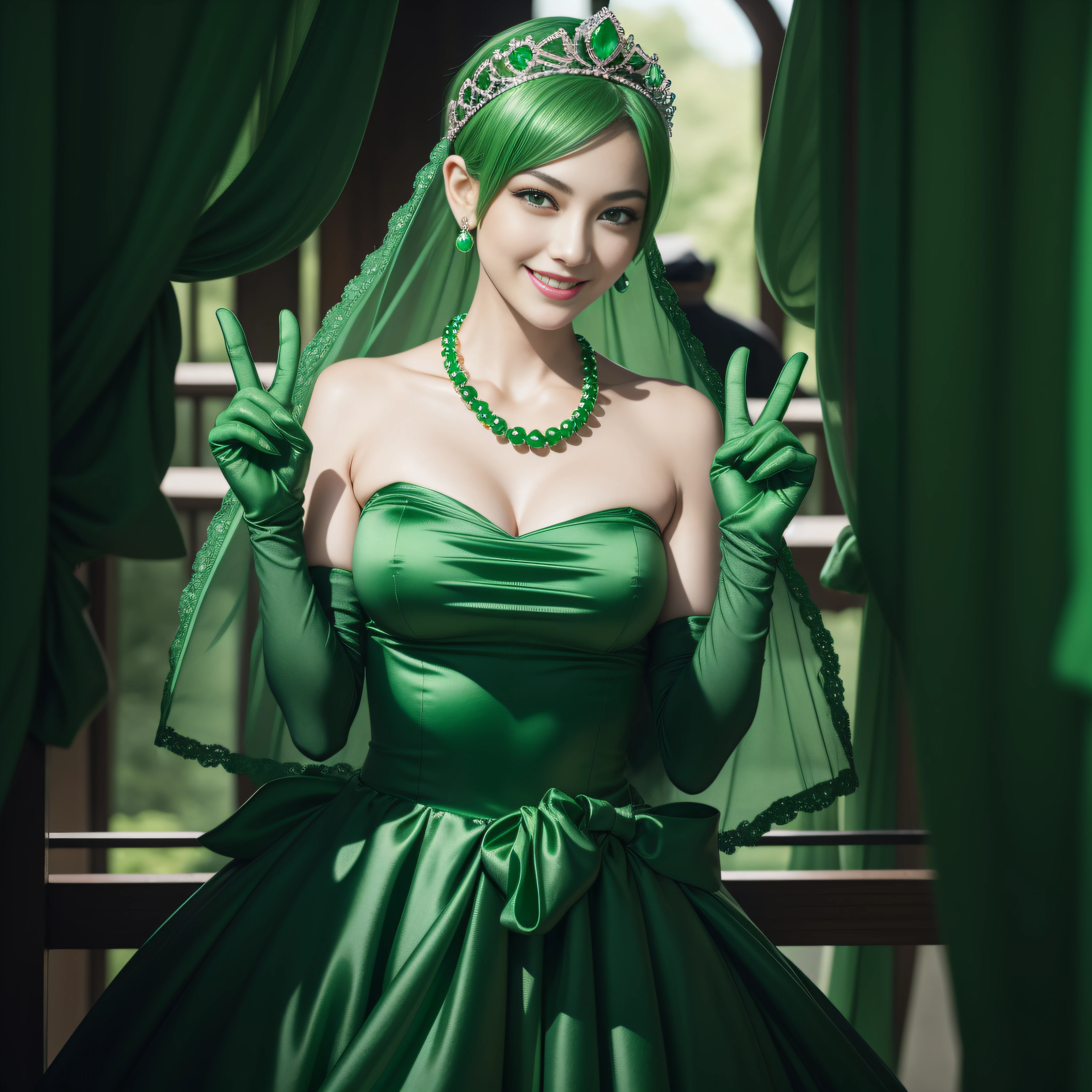 emerald tiara, Green Pearl Necklace, Boyish very short green hair, lipsticks, Japan woman smiling, very short short hair, big breasts beautiful, Green eyes, Long green gloves made of satin material, Green eyes,v sign, Emerald Earrings