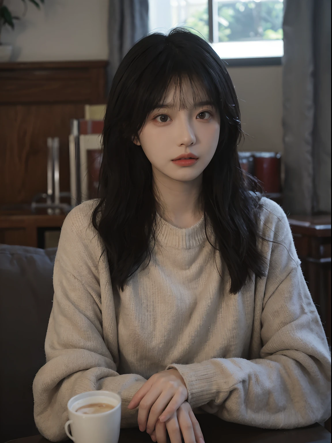 best qualtiy, 超高分辨率, (realisticlying:1.4), A woman with long black hair and a gray sweater, 中景 the scene is, in a sunbeam,She has black hair,By bangs, young lovely Korean faces, wan adorable korean face, ulzzangs, Shin Jinying, beautiful aesthetic face, Korean face features, Played by Liu Lee Ji Eun ,Beautiful realistic face