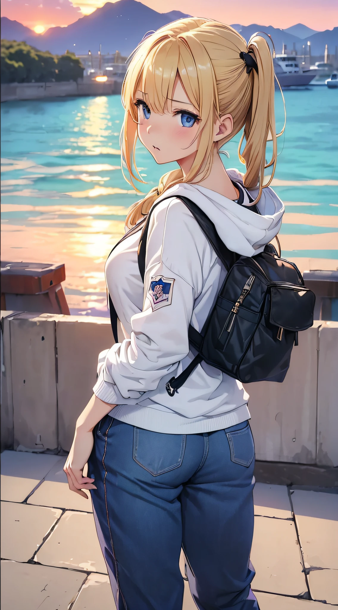 top-quality、Top image quality、masterpiece、girl with((18year old、Best Bust、big bast,Beautiful blue eyes、Breasts wide open, Blonde twintails、A slender,Large valleys、Black hoodie、Purple pants、Blue Rucksack、Walking motion、Point Back、White breath from the mouth))hiquality、Beautiful Art、Background with((Wide Ports、sunrises,strong breeze、das boot、mare)))、,masutepiece、visualart、depth of fields、