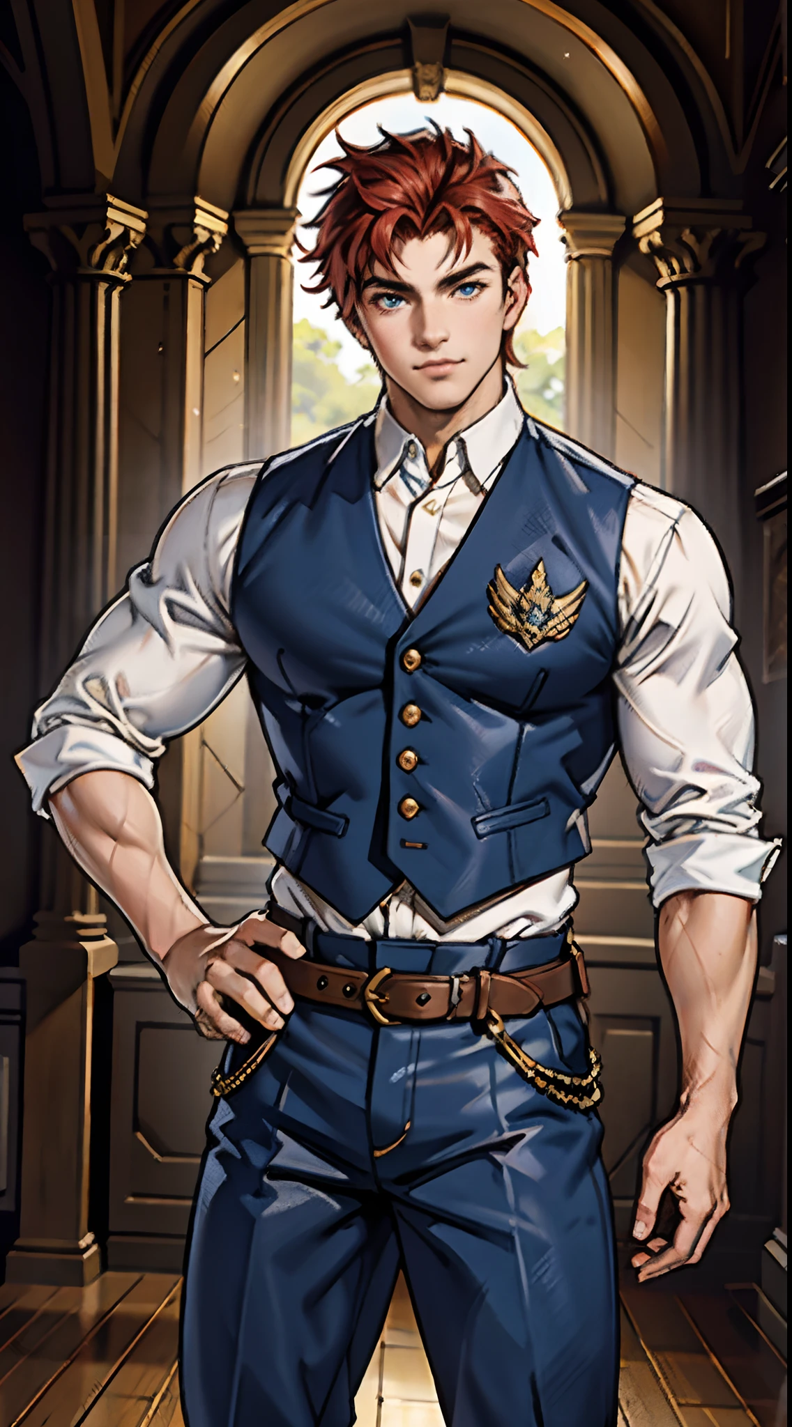 A teenage boy, short brown hair, spiked in the middle with a tuft of red hair, sharp gaze, a playful smile, a fantasy-style two-piece outfit, a dark-colored tight-fitting undershirt, a light-colored vest with wave patterns, a multifunctional belt, utility trousers, the surroundings depict swiftly flowing air, a high-speed blurred background, conveying a sense of speed, this character embodies a finely crafted fantasy-realistic style adventurer in anime style, characterized by an exquisite and mature manga illustration art style, high definition, best quality, highres, ultra-detailed, ultra-fine painting, extremely delicate, professional, anatomically correct, symmetrical face, extremely detailed eyes and face, high quality eyes, creativity, RAW photo, UHD, 8k, Natural light, cinematic lighting, masterpiece-anatomy-perfect, masterpiece:1.5