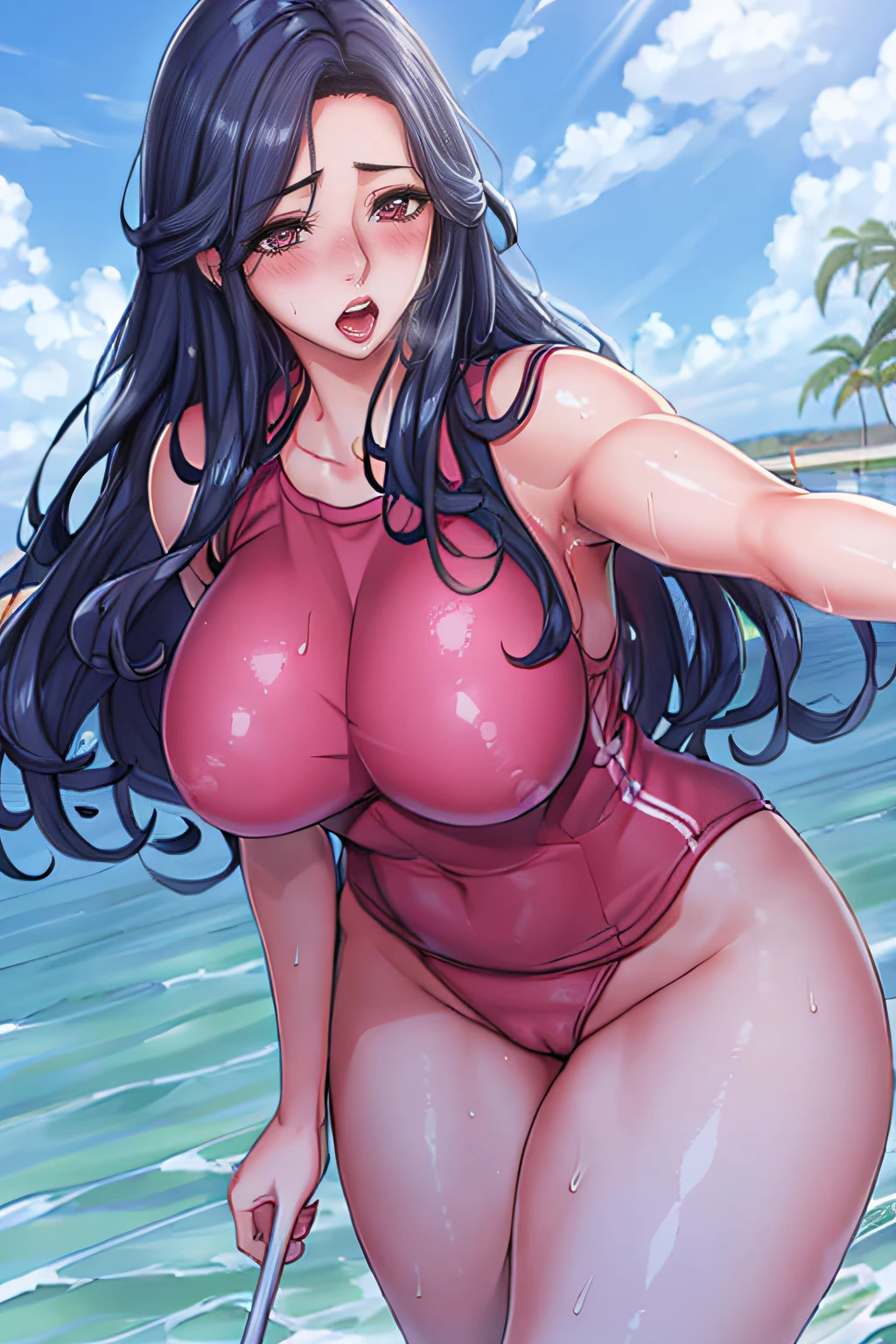 (8K, photo RAW, Best quality, tmasterpiece:1.2),1girll,Tik,Female Madura,Long hair,brunette color hair, breasts, swimming uniform, exteriors,looking at viewert,station, Blush, drunk, Large breasts, Wet body, Perfect eyes, exhaust, Open mouth, Wet hair