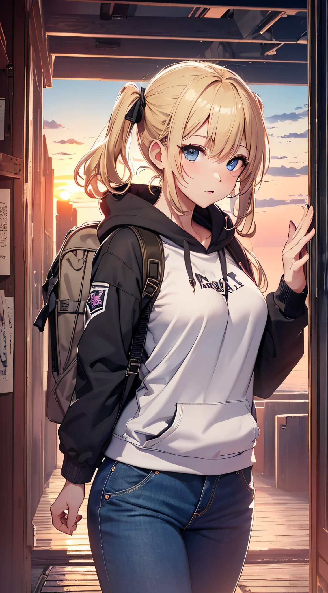 top-quality、Top image quality、masterpiece、girl with((18year old、Best Bust、big bast,Beautiful blue eyes、Breasts wide open, Blonde twintails、A slender,Large valleys、Black hoodie、Purple pants、Blue Rucksack、Walking motion、Point Back、White breath from the mouth))hiquality、Beautiful Art、Background with((Wide Ports、sunrises,strong breeze、das boot、mare)))、,masutepiece、visualart、depth of fields、