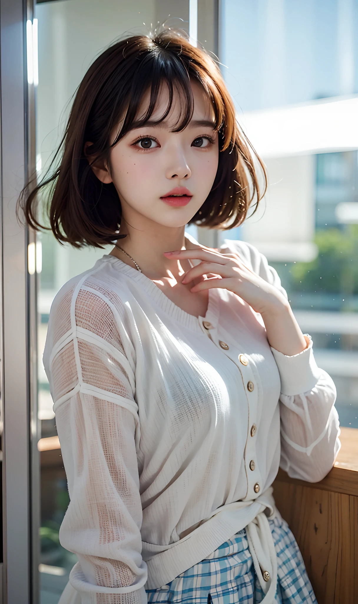 A close up of a woman wearing a white shirt and plaid skirt - SeaArt AI
