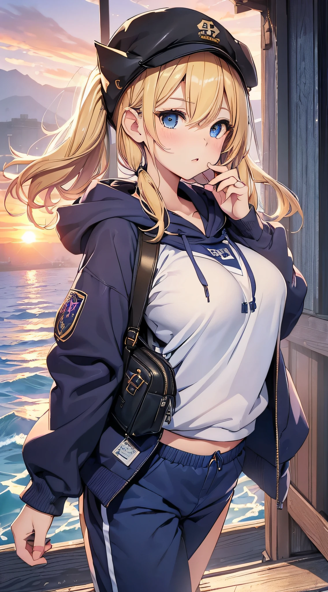 top-quality、Top image quality、masterpiece、girl with((18year old、Best Bust、big bast,Beautiful blue eyes、Breasts wide open, Blonde twintails、A slender,Large valleys、Black hoodie、Purple pants、Blue Rucksack、Walking motion、Point Back、White breath from the mouth))hiquality、Beautiful Art、Background with((Wide Ports、sunrises,strong breeze、das boot、mare)))、,masutepiece、visualart、depth of fields、