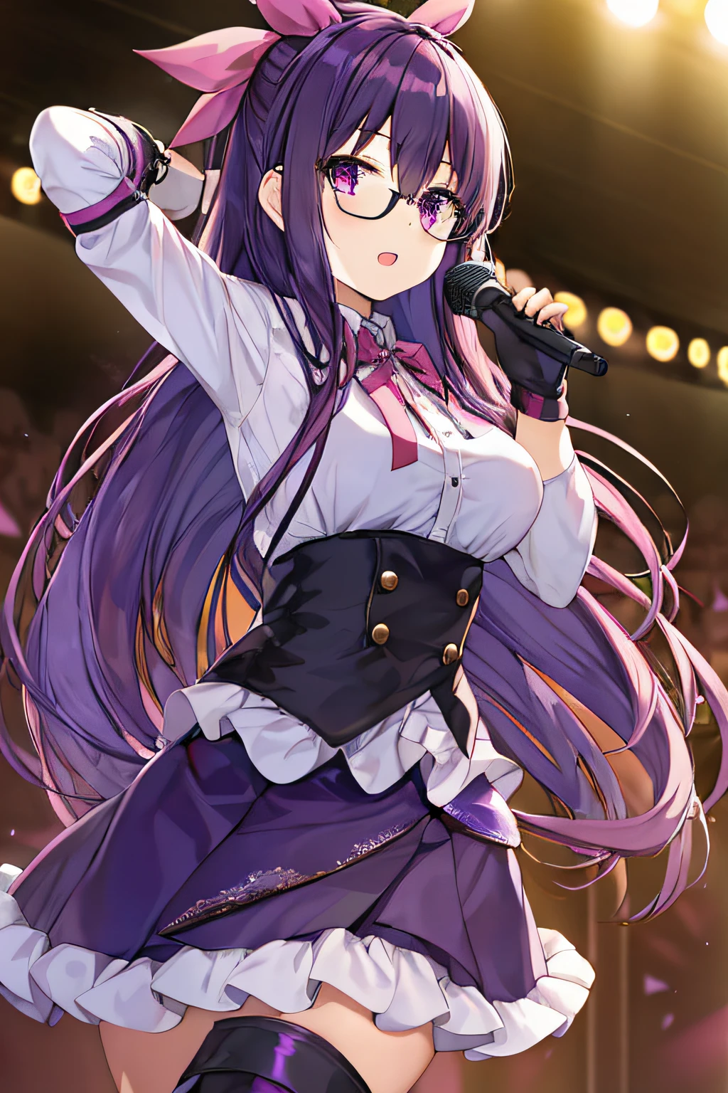 Full body young girl with dark purple colored hair, straight long hair, pink eyes, wearing idol clothes, skirt, gloves, boots, a hair ribbon and glasses, on stage singing with a microphone on hand