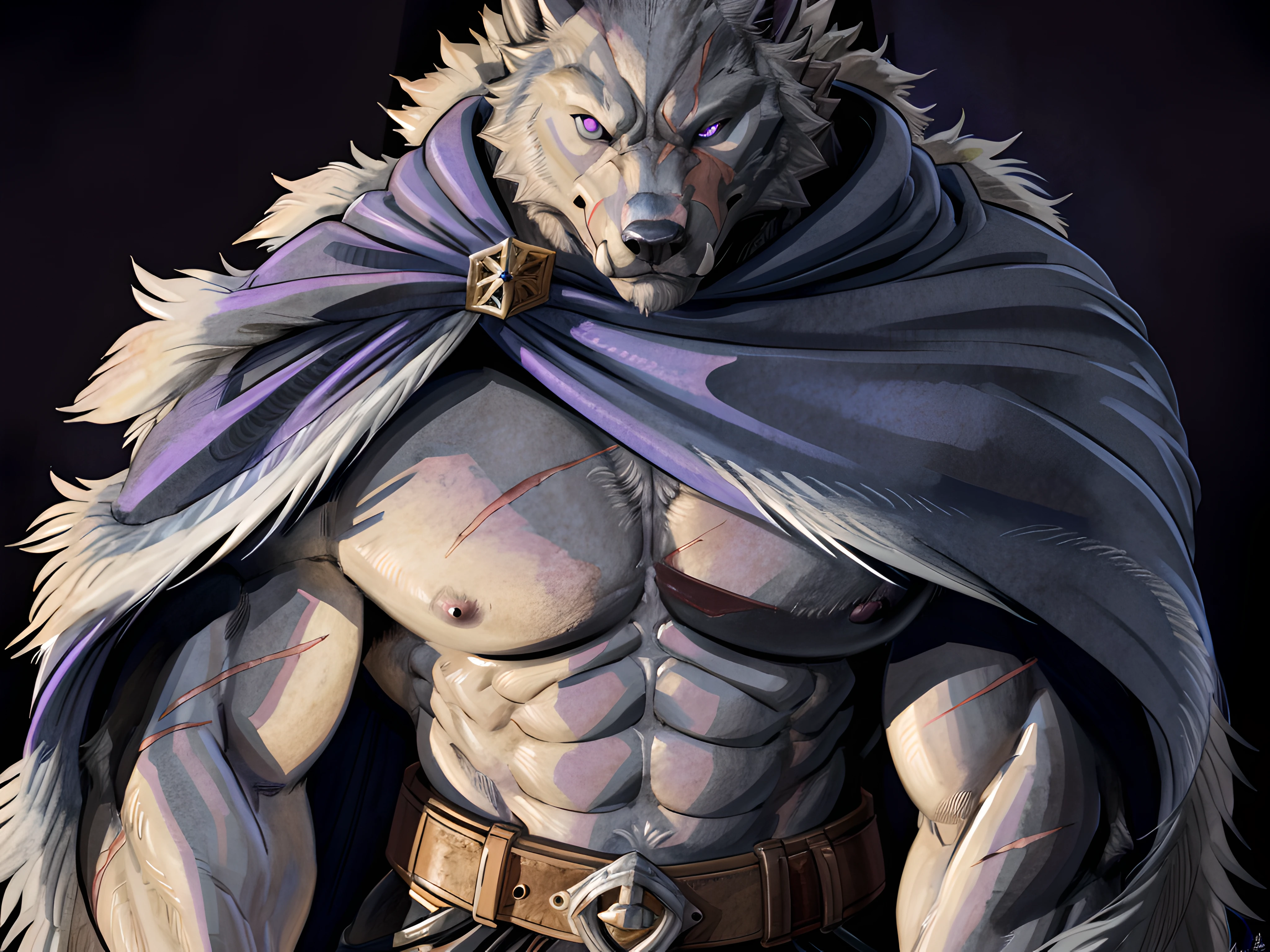 blaidd (elden ring), furry body, (very muscular, heavyweight, pectorals:1.2), scars on body, bare chest, belt, cape, male, masculine, 4k, high resolution, detailed, correct anatomy, correct proportions, (dark background, black fantasy background), (upper body shot, close-up to chest and face:1.1), (by wfa, by negger:1.0), detailed eyes, purple eyes, darkness:1.5, in shadows, face in shadows:1.1, glow, messy coloring, looking at camera, fangs