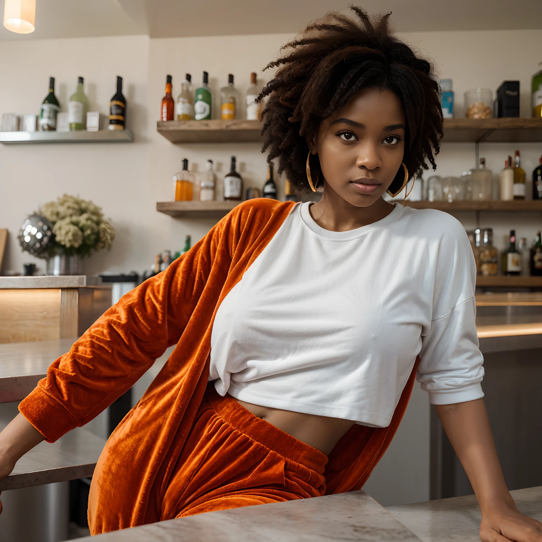 Une femme noire avec une afro portant un rouge à lèvre orange avec à ses oreilles des grosses boucles d’oreilles en or, vêtu une veste en velour rouge, un pantalon flaire en velour jaune et un t-shirt blanc et des bottines bleu, dans un bar