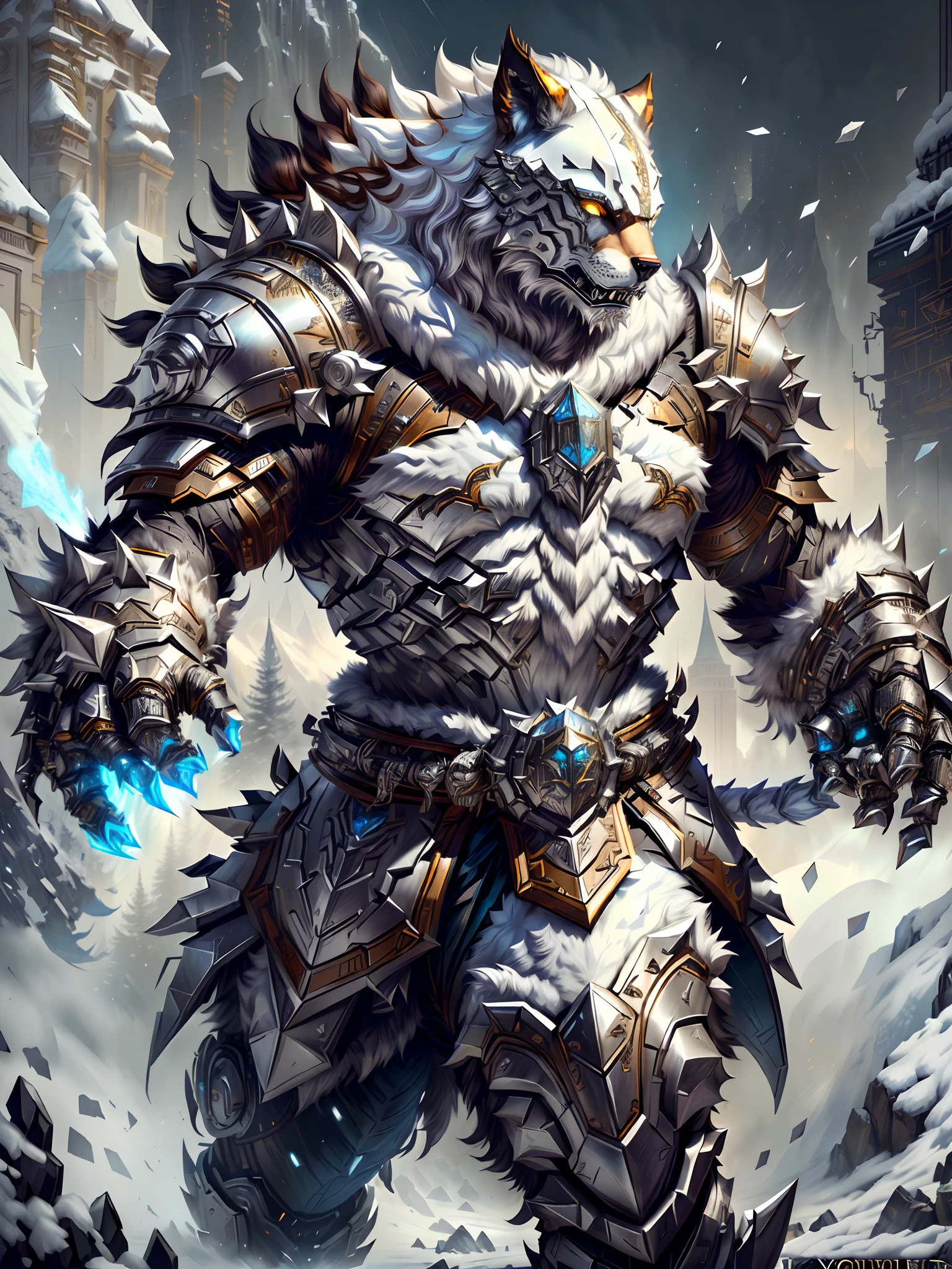 cyber helmet, cyborg fur-clad barbarian goliath, fur armour, wearing intricate fur armor, (((Instantly roared))) intricate white armor, detailed white armor, wojtek fus, hyper-detailed fantasy character, wolf armor, Epic fantasy character art, furry fantasy art, god of winter, trends in art station, cyborg bear arm, Mech4nim4lAI