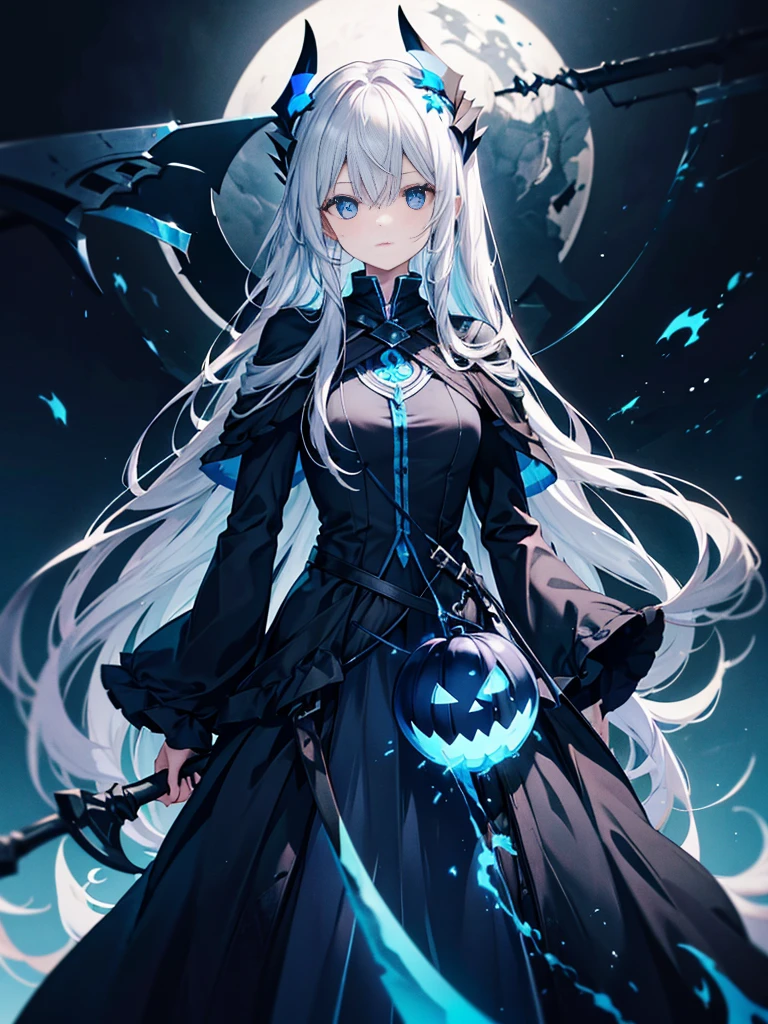 sliver long hair，Blue pupil，With a pumpkin head on his head，Holding a black scythe，Long blue dress，Blue by Capelet，There was a blue flame burning around him，A girl with a beautiful figure
