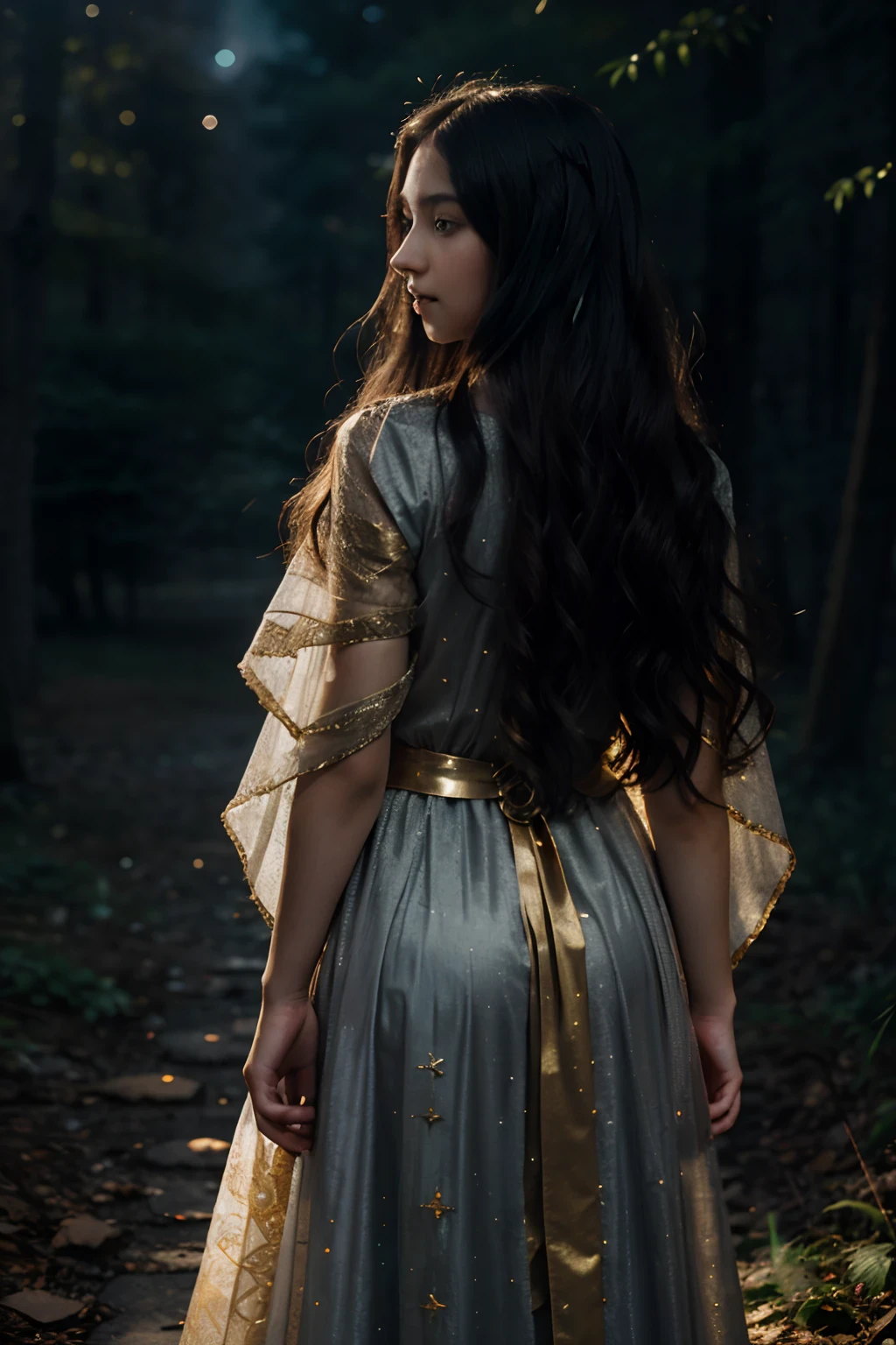 Young girl with black long hair, Transparent veil on the face, grey long dress with gold pattern, Gold patterns on fabric, Ringing coins on the belt, Vintage Dress, Fantasy Clothing, Oriental style of clothing, long flowing hair, Wavy Hair, A magical forest, Magic Lights, The girl is standing with her back, You can't see your face, realistic shot, filmstill, Flying Lights, night sky, Starry sky in the background, Night Forest