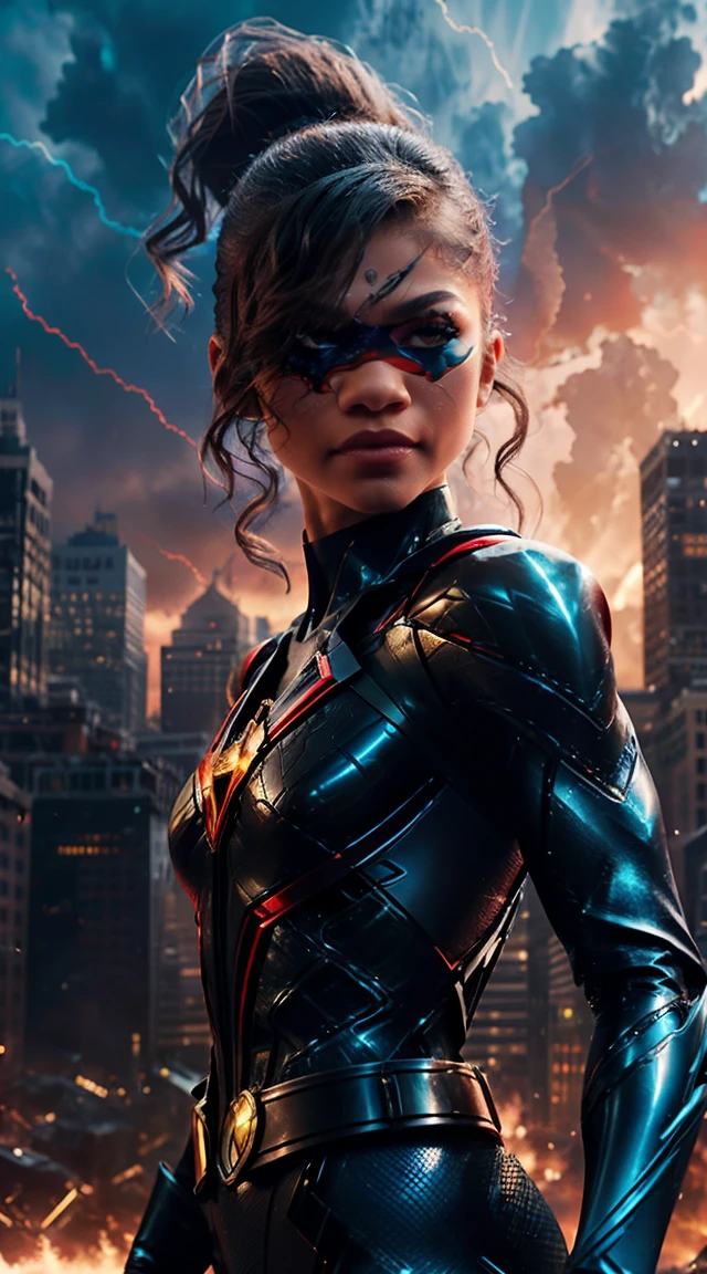 Generate an image featuring Zendaya in a dynamic Incredibles cosplay as a solo heroine amidst a city in chaos. Dress her in a sleek and modern superhero suit inspired by The Incredibles, with bold red and black colors. Emphasize Zendaya's striking features, including her small nose and perfect cheekbones, giving her a powerful and confident look.

Place her in the midst of a destructed cityscape, showcasing her resilience in the face of chaos. Capture the intensity of the scene with shattered buildings, debris, and a dramatic sky. Ensure Zendaya's superhero persona is evident, with a mix of action and determination in her pose. The background should convey a sense of urgency and destruction, enhancing the superhero narrative of the image.