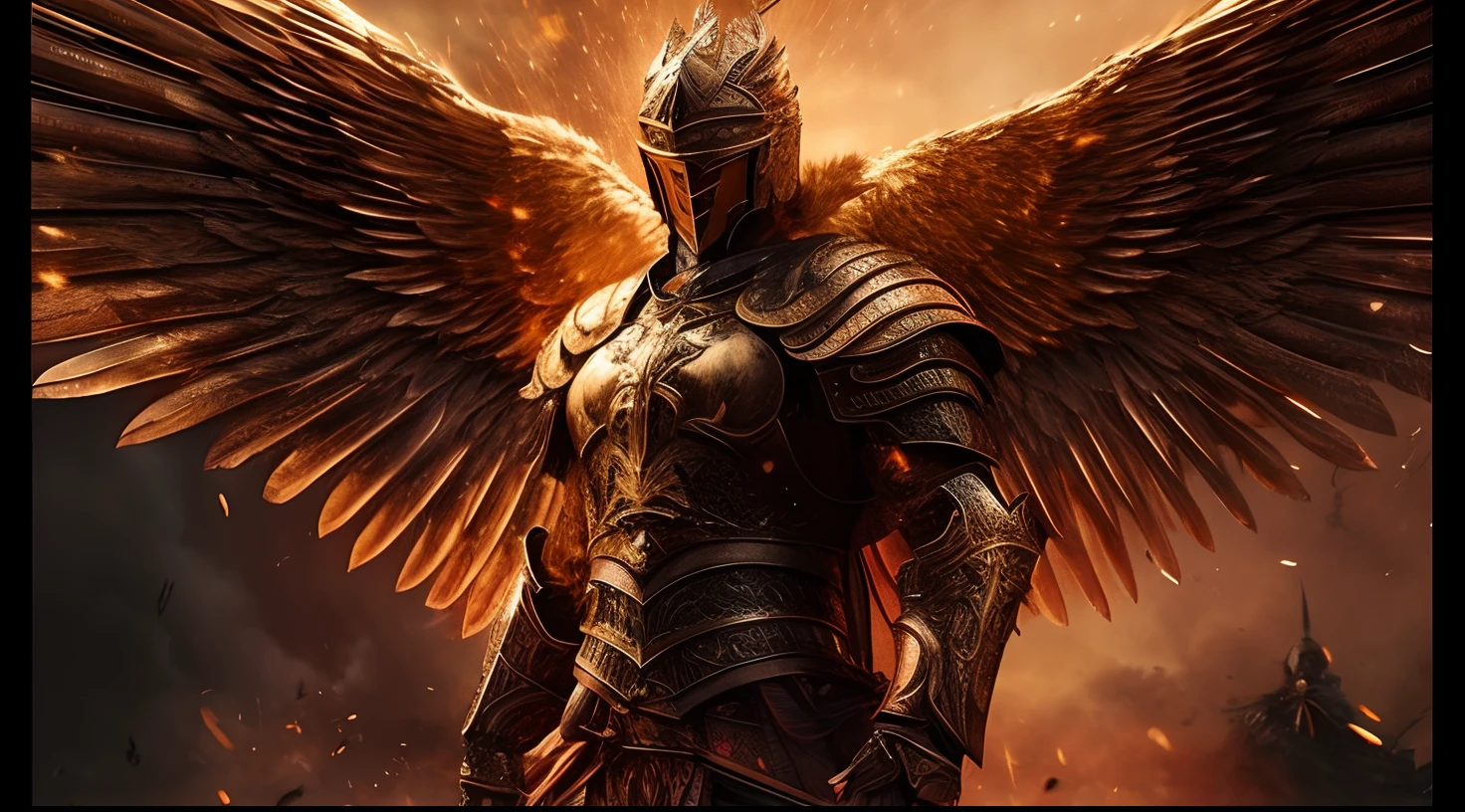 Best quality masterpiece A man in armor with wings standing in front of a fire, Archangel, wearing winged helmet, Angel of Verdun, Holy Armor, Angelic Golden Armor, Armor Angle with Wing, Archangel Michael, Knight of Black Souls, In the Style of Black Souls 3, Epic Angel Wings, Valkyrie, Angel in Plastic Armor, The Knight of Black Souls, Undead Winged Hussar