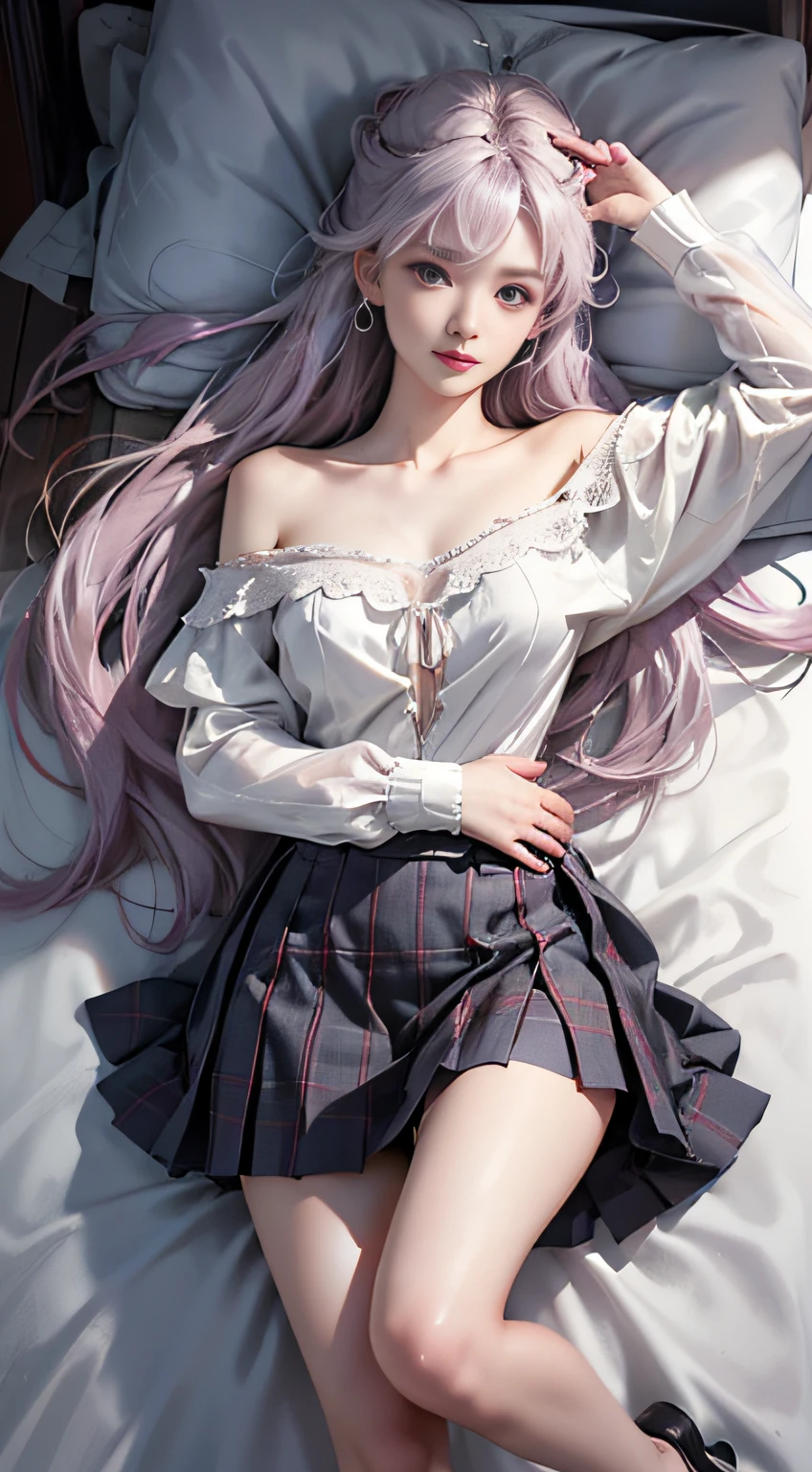 （Woman lying on bed）,1 girl, Silver hair, striated hair, Bangs, Blunt bangs, Long hair, Pink hair, aqua eyes, longeyelashes, Purple eyes, makeup, Smile, Parted lips, Realism, Verism, surrealism, depth of fields, One-person viewpoint, F/1.8, 135 mm, canon, nffsw, retinas, masutepiece, ccurate, Anatomically correct, Textured skin, Super Detail, high details, High quality, Best Quality, hight resolution, 1080p, hard disk, 4K, 8K、（Full Body Angle）、(o Off-the-shoulder translucent white blouse), (Loose red tie)、(Dark blue checked miniskirt),((Lift the hem of the skirt)),((lift up skirt))((Lace white panties are visible))（shapely breasts,)、((sexypose))、(camel's toe)、shinny skin。realisitic、Photorealsitic:1.37)、(独奏)、dynamicposes