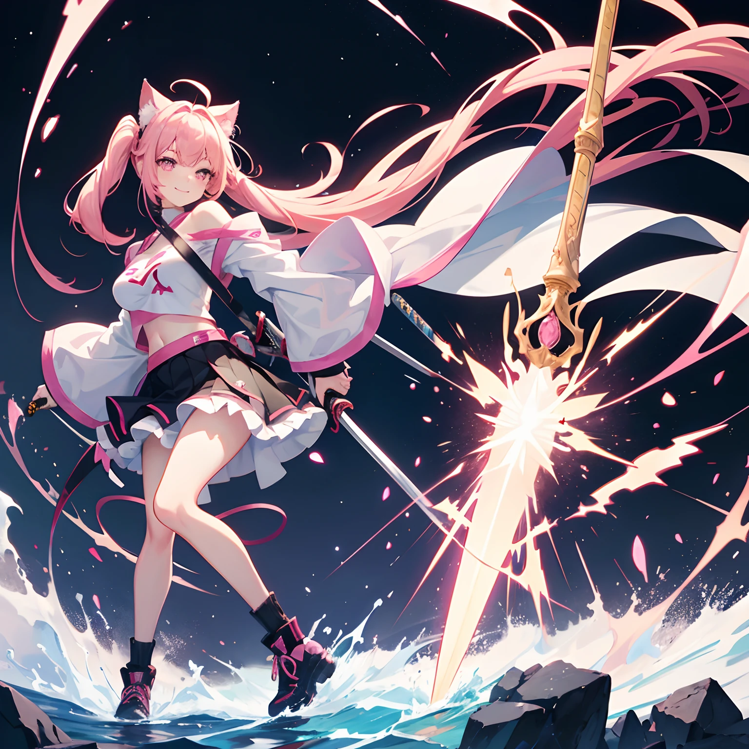 "anime girl, 1 person, pink hair, pink cat ears, pink eyes, t-shirt, white t-shirt, with twin takana swords on the back, takana sword, black women's off-the-shoulder jacket, black miniskirt, big breasts, There are ice crystals flying around behind, holding a sword, fighting, dual takana swords, smiling triumphantly, solo, frontal view, standing cross-legged. (full HD 4K+ image)"