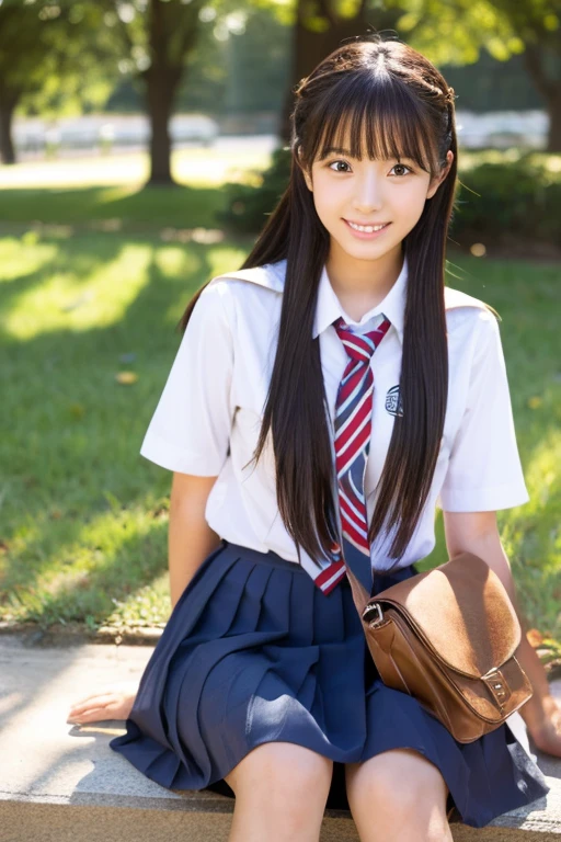 (Highest quality, masterpiece:1.2), Highest quality, High resolution, 1080P, 8k, height: 158cm, Solo, (Alone, A noble, graceful and intelligent kawaii 13yo Japanese pure-clear-white-skin a-pair-of-braid 2010's famous fashion model is seated and smiling at me with extreme beatitude, expressing her happiness to me with her kawaii supreme, promoting school uniform designed by Hanae Mori: 1.8), (background is complete black: 1.0), (Amazed, double-eyelids, completely balanced, brown wet large dreaming eyes with detailed beautifully: 1.6), (Drives me crazy for her navy-colored neat tartan checkered blue skirts and make me fall into her navy-colored tartan checkered skirt: 1.2), (Fine white skin that looks like she has never been out of home: 1.6), (Navy colored school uniform blazer: 1.6), (Navy blue pleated school uniform tartan checkered skirt: 1.5), (Plain-red school ribbon on the breast), (Light-Sky-blue background), (Girl whom everyone loves because of her beauty and neat school fashion and noble manner and magic-charm of succubus: 1.7), full body shot, (jolly face expression), (evenly cut curled bangs)