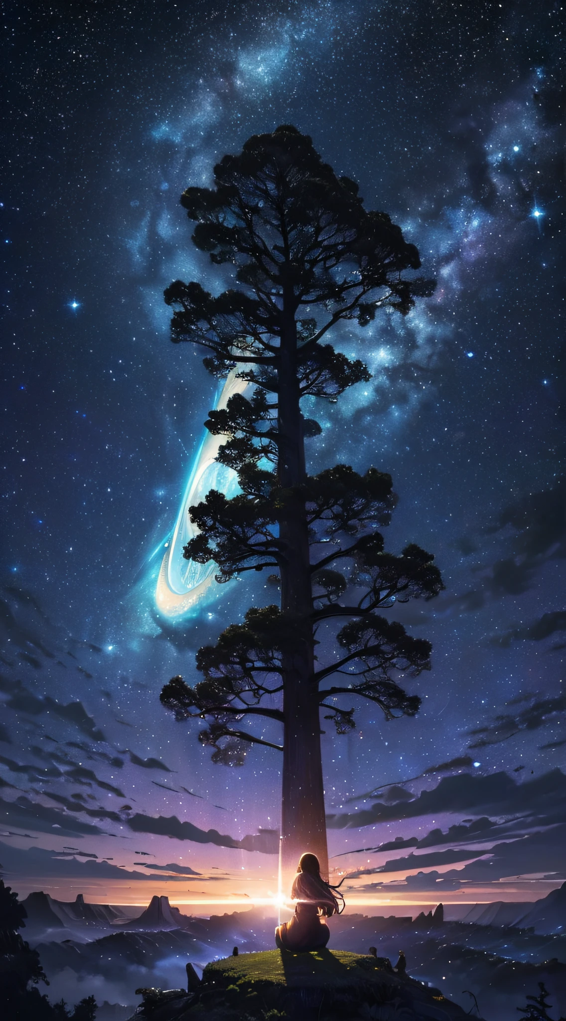masterpiece、Background with((Fantastic starry sky、meteors、black hole))、Depth((Giant Tree、Fantastic、Luminescent))、a beauty girl、onepiece、Rear view、Looking up