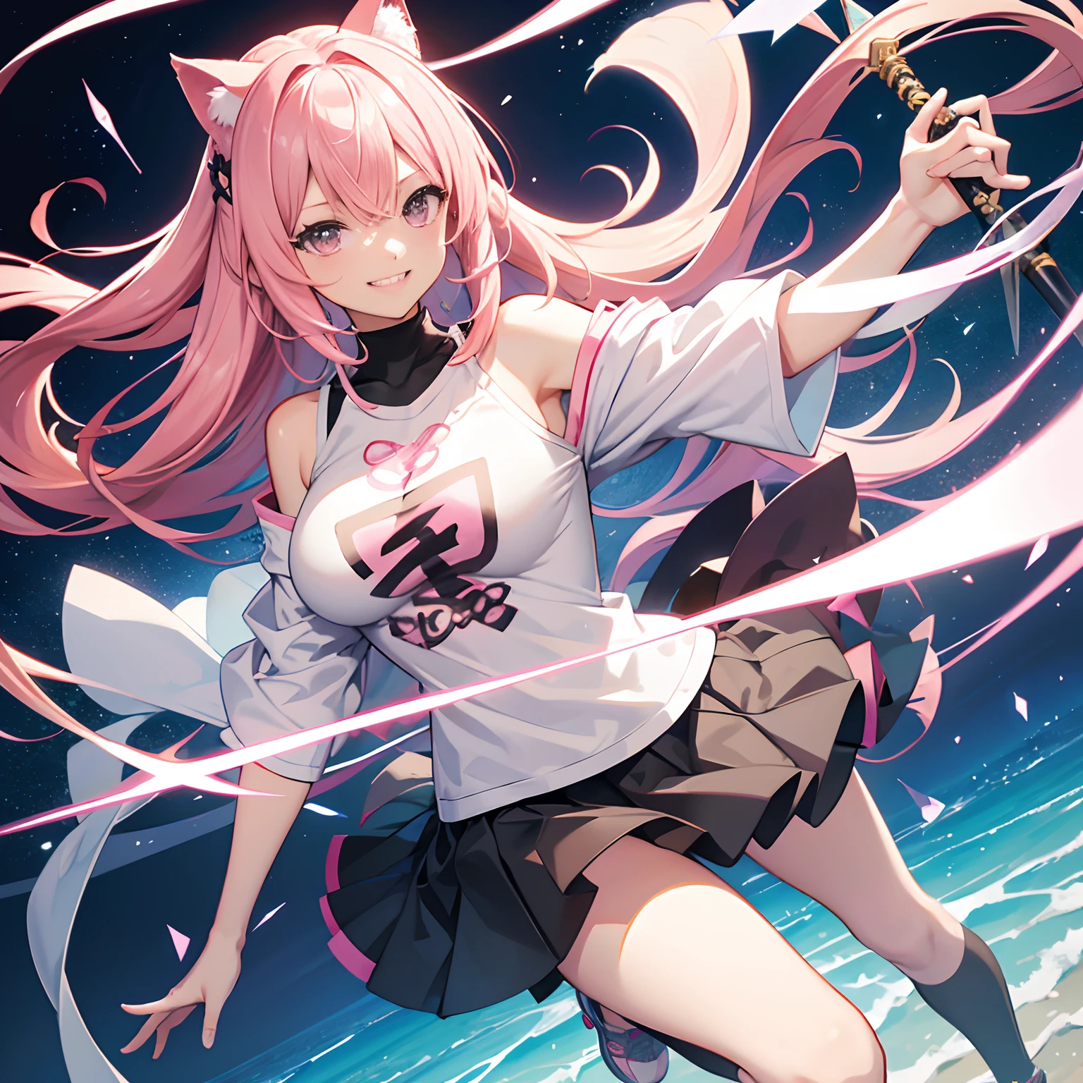 "anime girl, 1 person, pink hair, pink cat ears, pink eyes, t-shirt, white t-shirt, with twin takana swords on the back, takana sword, black women's off-the-shoulder jacket, black miniskirt, big breasts, There are ice crystals flying around behind, holding a sword, fighting, dual takana swords, smiling triumphantly, solo, frontal view, standing cross-legged. (full HD 4K+ image)"
