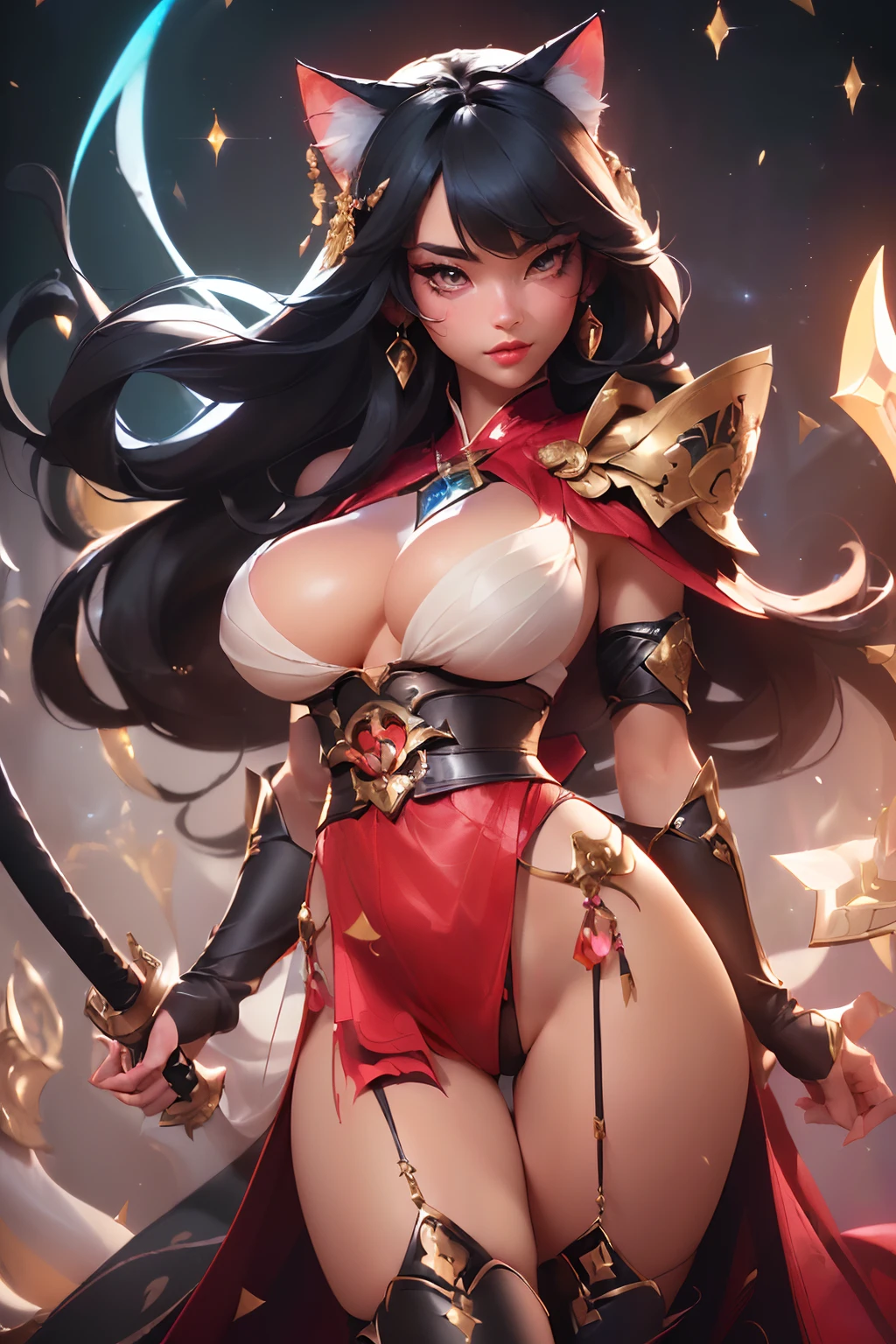 ((full standing body camera shot))((sexy tall japanese supermodel)) ((beautiful face)) (red lipstick) ((big bright eyes)) ((very long straight black hair with long bangs covering one eye)) ((pale skin)) ((very huge breast:1.5)) (perfect body:1.3) ((wears tiny string thong)) ((sexy red samurai armour)) ((fantasy cat ears, cat tail, high heel boots, stocking, gauntlets))((wield magic katana)) ((sexy supermodel posing inside photo studio for camera epic photoshoot, light of reflector over her, fantasy decoration, magic crystals))(high resolution, dynamic shadows)((photorealistic:1.5)) ((masterpiece:1.3)) (8k) (perfect face) (best quality) (perfect hands and eyes)