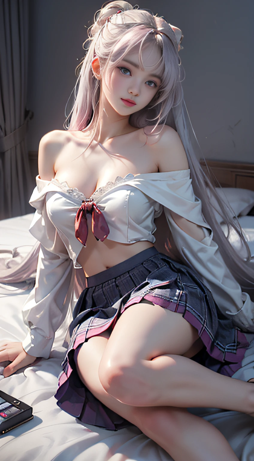 （Woman lying on bed）,1 girl, Silver hair, striated hair, Bangs, Blunt bangs, Long hair, Pink hair, aqua eyes, longeyelashes, Purple eyes, makeup, Smile, Parted lips, Realism, Verism, surrealism, depth of fields, One-person viewpoint, F/1.8, 135 mm, canon, nffsw, retinas, masutepiece, ccurate, Anatomically correct, Textured skin, Super Detail, high details, High quality, Best Quality, hight resolution, 1080p, hard disk, 4K, 8K、（Full Body Angle）、(o Off-the-shoulder translucent white blouse), (Loose red tie)、(Dark blue checked mini skirt),((lift up skirt))((Lace white panties are visible))（shapely breasts,)、((sexypose))、(camel's toe)、shinny skin。realisitic、Photorealsitic:1.37)、(独奏)、dynamicposes