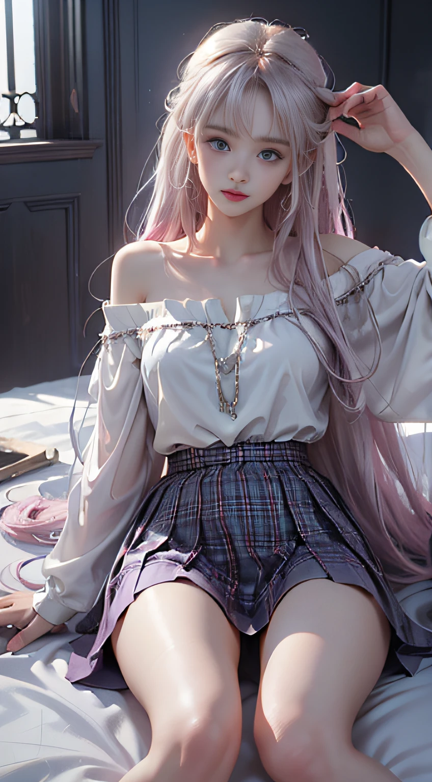 (Woman lying on bed),1 girl, Silver hair, striated hair, Bangs, Blunt bangs, Long hair, Pink hair, aqua eyes, longeyelashes, Purple eyes, makeup, Smile, Parted lips, Realism, Verism, surrealism, depth of fields, One-person viewpoint, F/1.8, 135 mm, canon, nffsw, retinas, masutepiece, ccurate, Anatomically correct, Textured skin, Super Detail, high details, High quality, Best Quality, hight resolution, 1080p, hard disk, 4K, 8K、(Full Body Angle)、(o Off-the-shoulder translucent white blouse), (Loose red tie)、(Dark blue checked mini skirt),((Lift the hem of the skirt)),((lift up skirt))((Lace white panties are visible))(shapely breasts,)、((sexypose))、(camel's toe)、shinny skin。realisitic、Photorealsitic:1.37)、(独奏)、dynamicposes