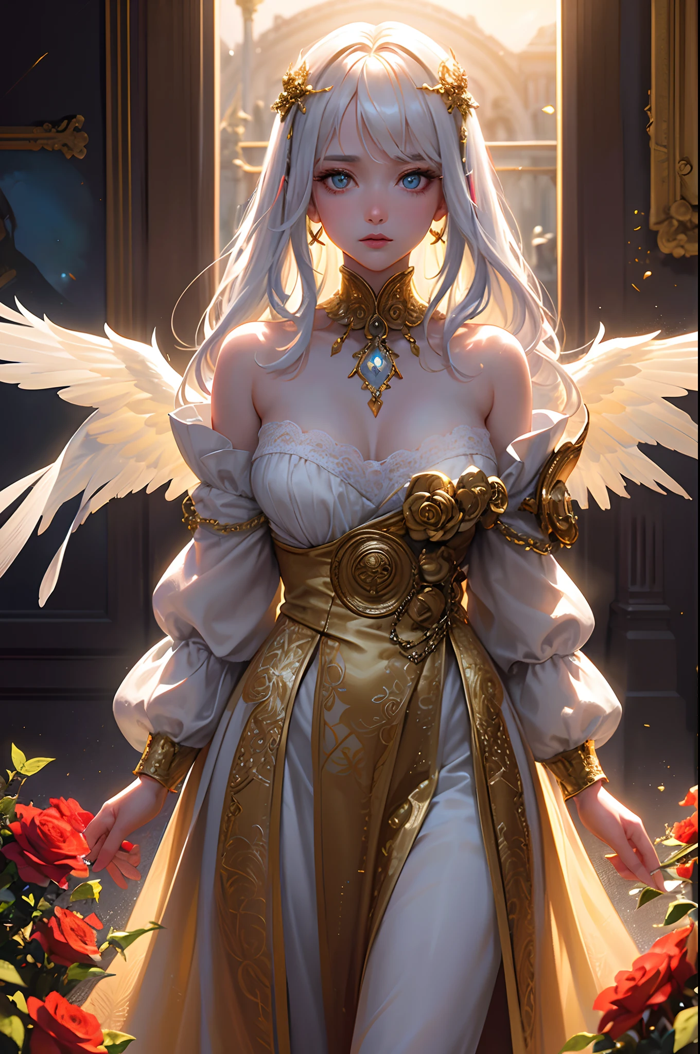 (Masterpiece:1.2), best quality, (illustration:1.2), ornate decorations,(Masterfully crafted Glow, lens flare), (ultra-detailed), hyper details, (delicate detailed), (intricate details), (cinematic light, best quality Backlights),(bioluminescent hair), (glowing eyes), (Dynamic:1.2), ((makeup)), absolutely eye-catching, prehistoric,((colourful paint splashes on background, dulux,)), ((caustic)), dynamic angle, (Captivating),(Intricately Detailed Cinematic :1.1), ambient occlusion, ambient light, ray-traced reflections,(best illumination, an extremely delicate and beautiful), ((cinematic light)), colourful, powerful, (Cinematic masterpiece),big dreamy eyes, perfect proportions, perfectly drawn face, Albedo, white hair, chains, comfortable, Intense, day, Golden sky, Inticing, illustration, Angels everywhere, yellow eyes, red roses, chains, splashes of colour, smooth soft skin, Golden Hour, atmospheric, Park, Fields, Bullets, Breath-taking, ambient light coming from sky, soft warm glow coming from chains, god rays, halo, beautiful intricate coloured hair, symmetrical, soft lighting, , concept art, digital painting, looking into scenery, realistic reflections, tracers everywhere