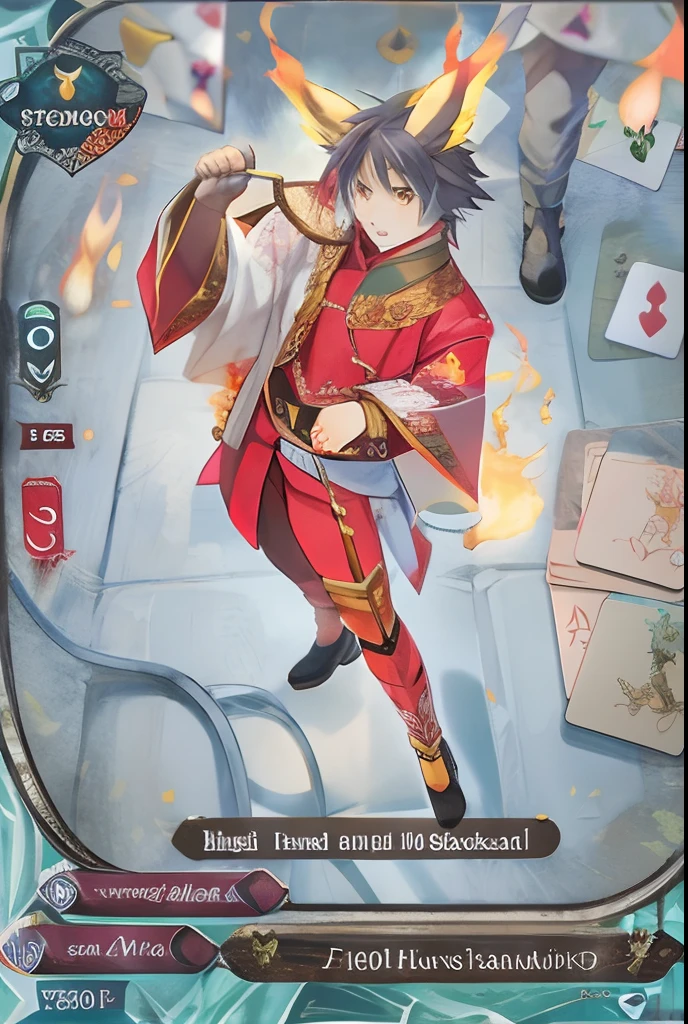 a close up of a card with a person in a red suit, trading card fond, trading card, the front of a trading card, dapper dream demon, okita sougo, flame conjuring armored, tanjiro kamado, machiavellian puppetmaster, akiyuki shinbou, front game card, trading card front, fire!! full body