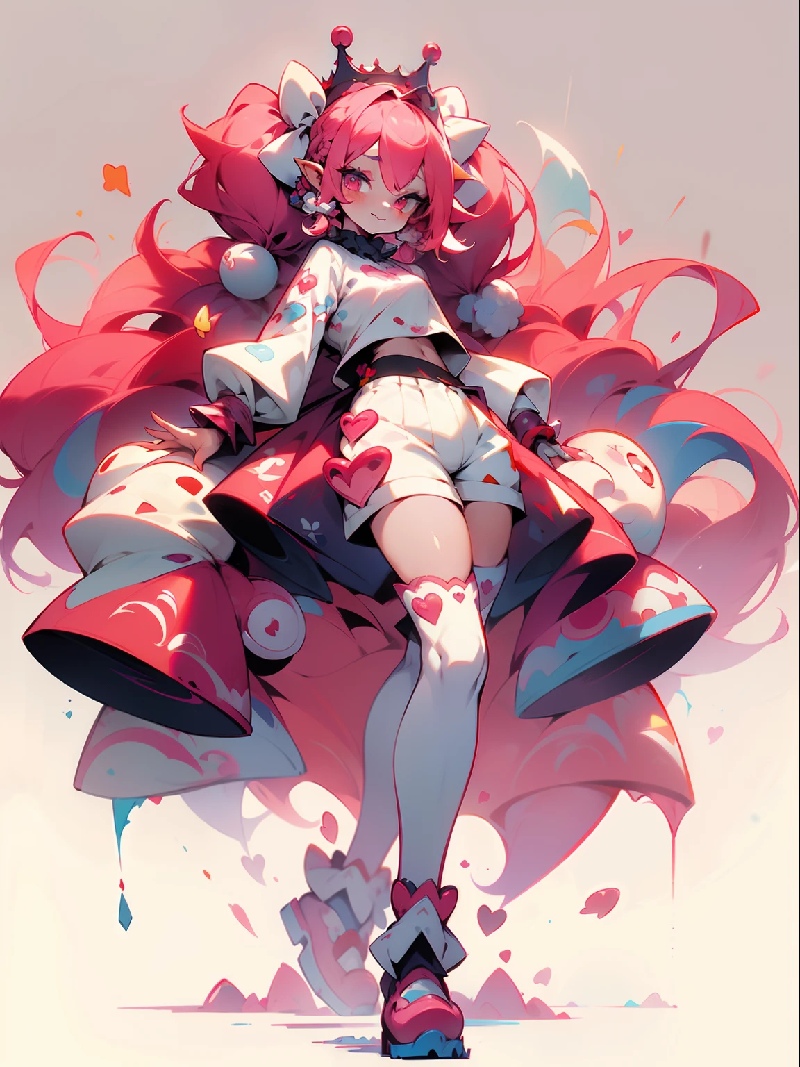 crazy cloud haired girl, pink hair, full body picture, pink eyes, heart shaped pupils, insane smile, blood splatter, 1GIRL, insane girl in long pink hair, crown, princess bubblegum style, finely detailed, (best quality), (intricate details), cute style, loli, jester style, multicolored, ((long pink messiest hair in pigtails)), best quality, ((long sleeve shirt and shorts)), ((red and white clothes)), ((jester style clothes)), ((thigh high socks)), ((round eyes)), ((has jester makeup)), beautiful face, happy, cute face, pinup, perfect face, simple background portrait, clowh hear cards, bubble gums